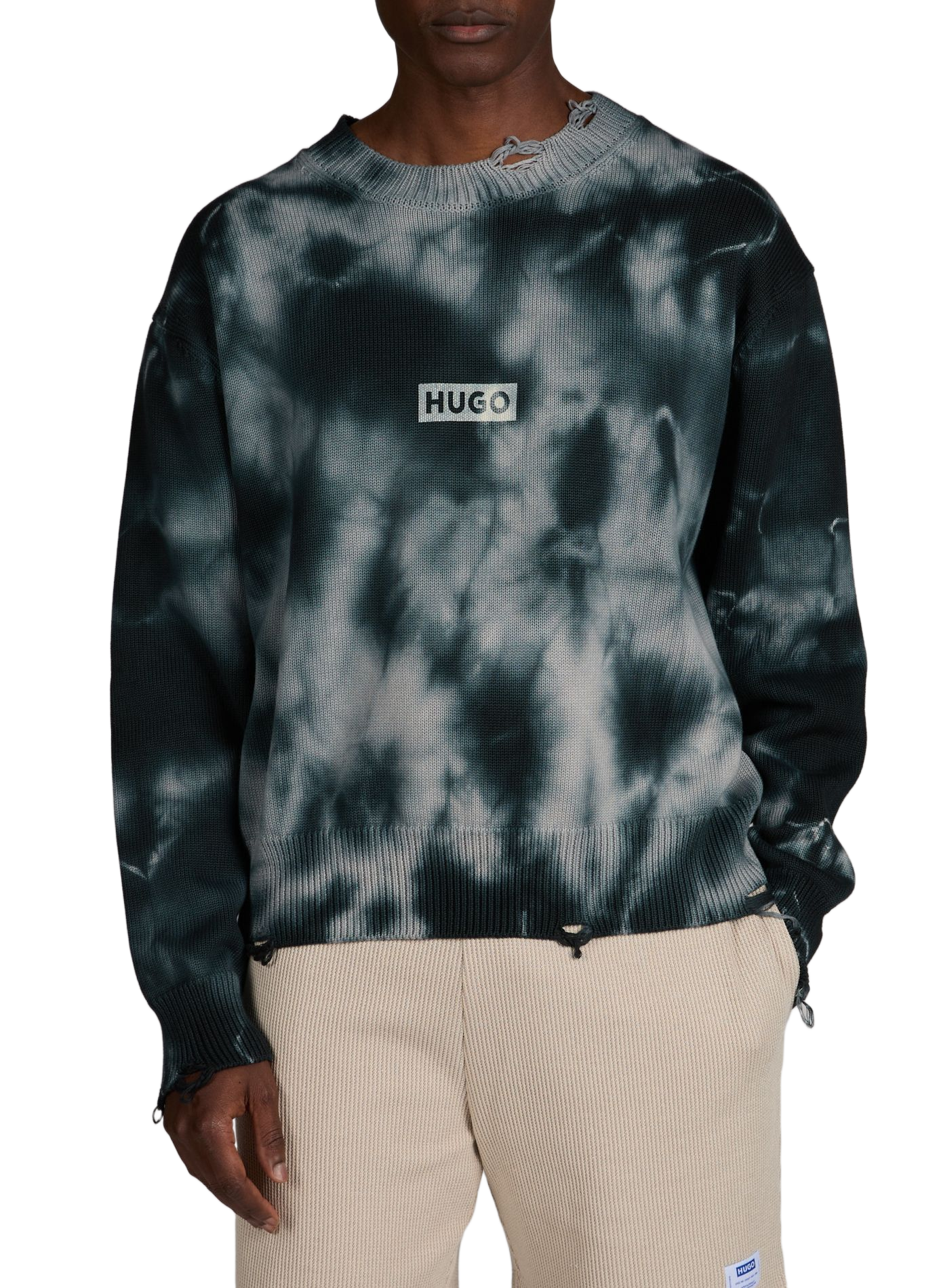 Pull déchiré à logo en coton HUGO BLUE Noir