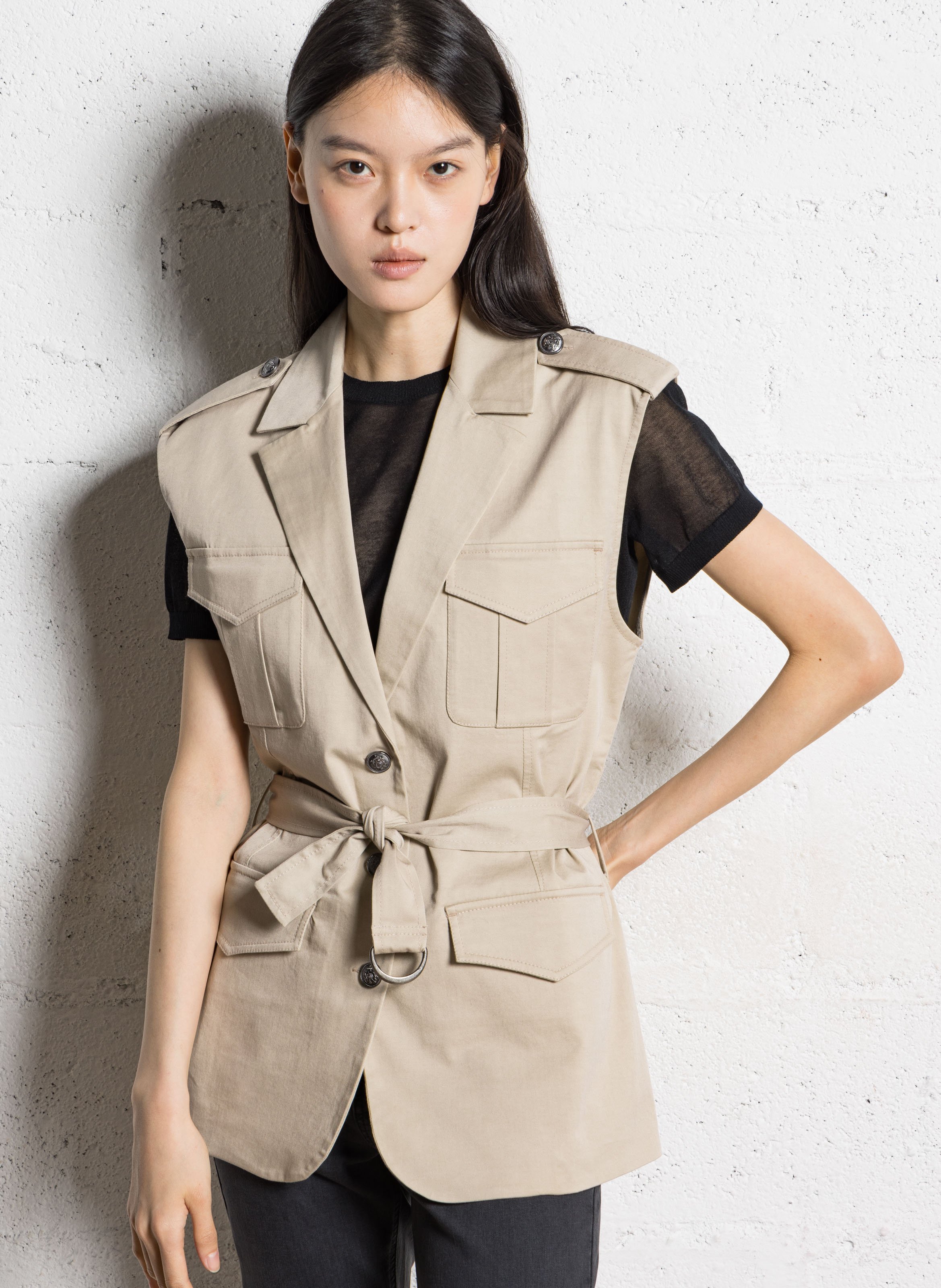 Saharienne droite col tailleur en coton mélangé IKKS Beige