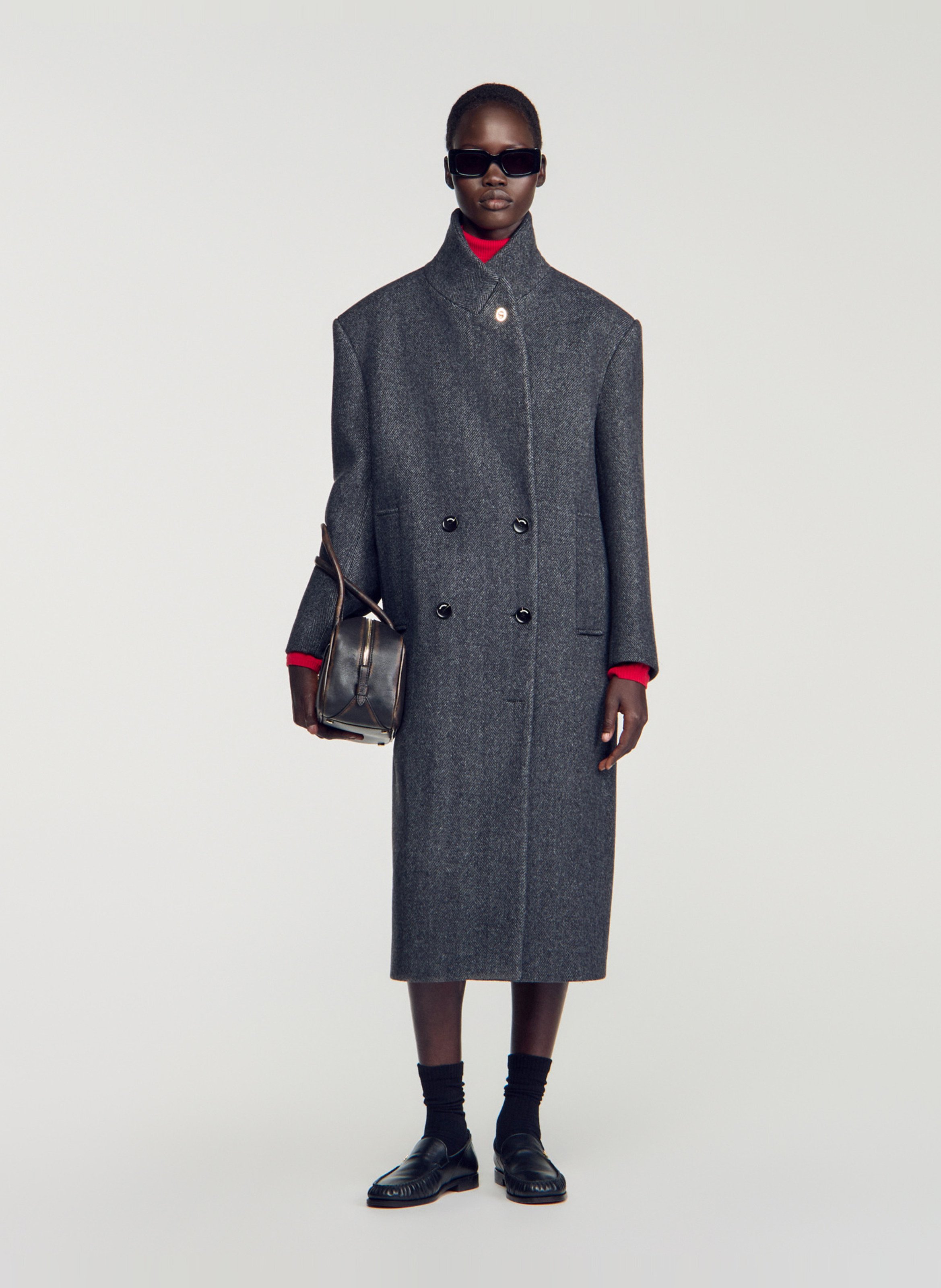 Manteau long oversize en laine mélangée SANDRO Gris