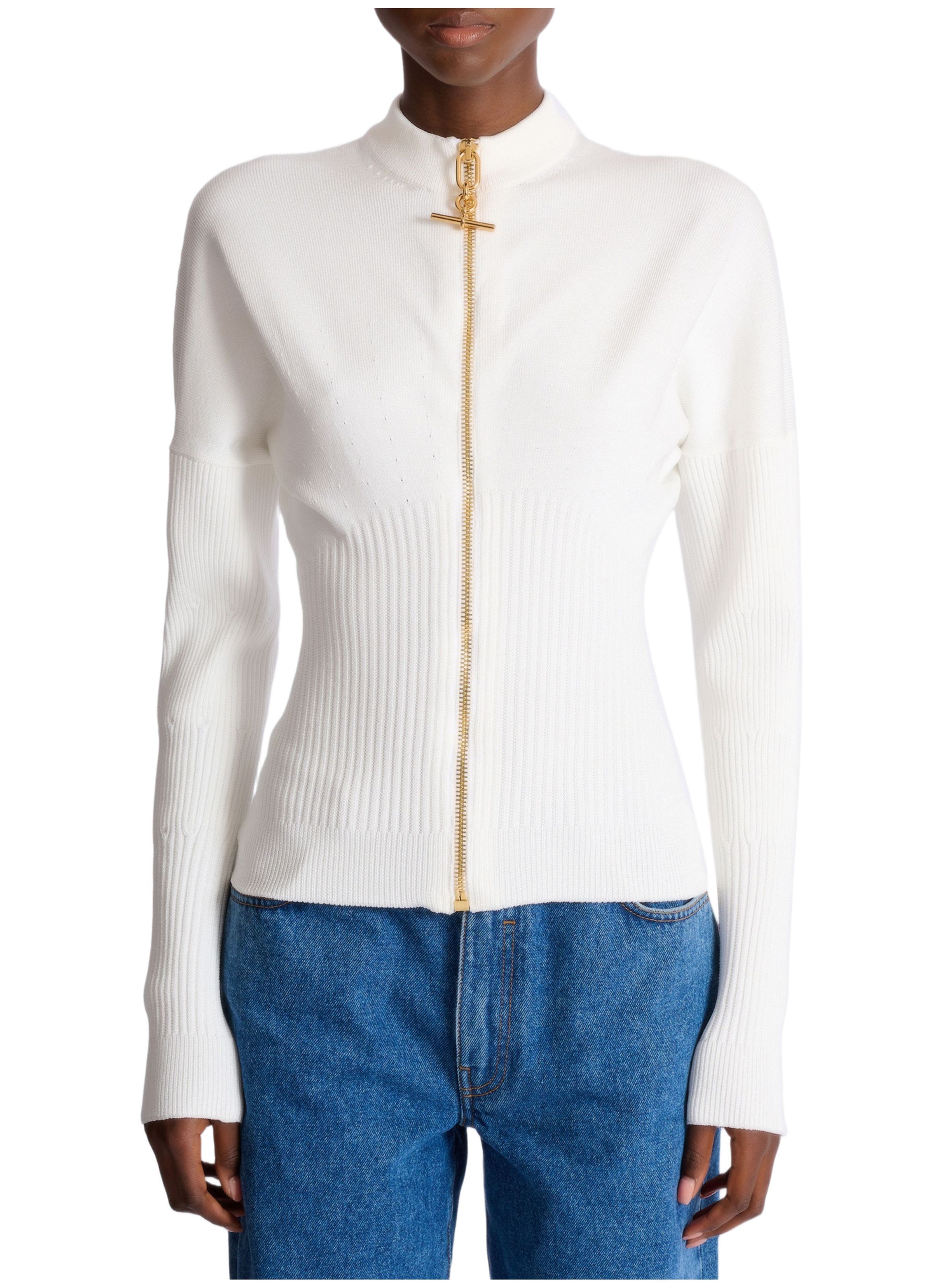 Cardigan zippé en maille BALMAIN Blanc