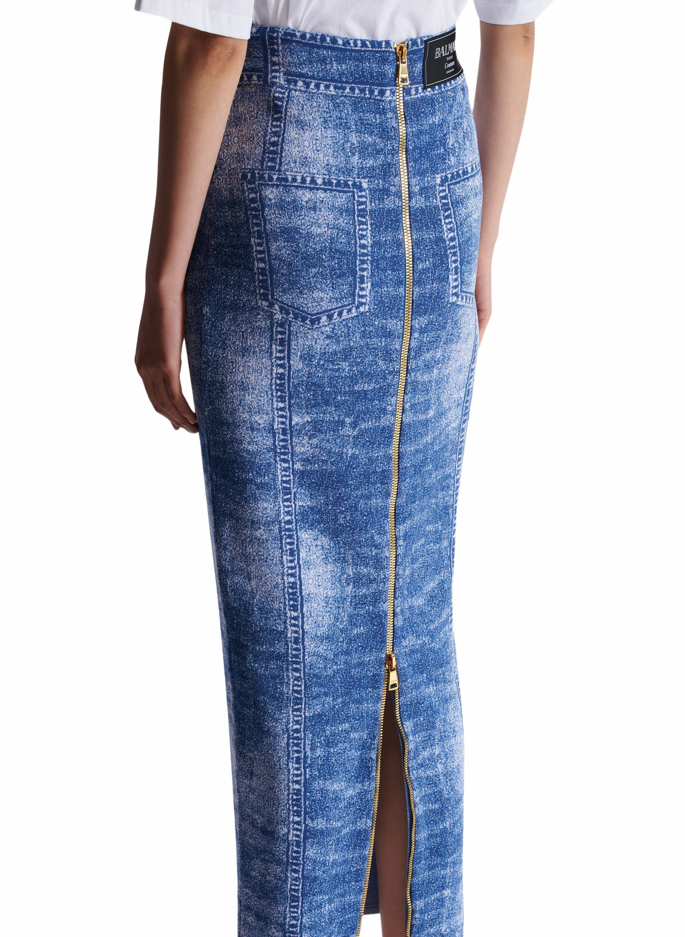 Jupe midi en maille jacquard avec trompe-l'œil denim BALMAIN Bleu