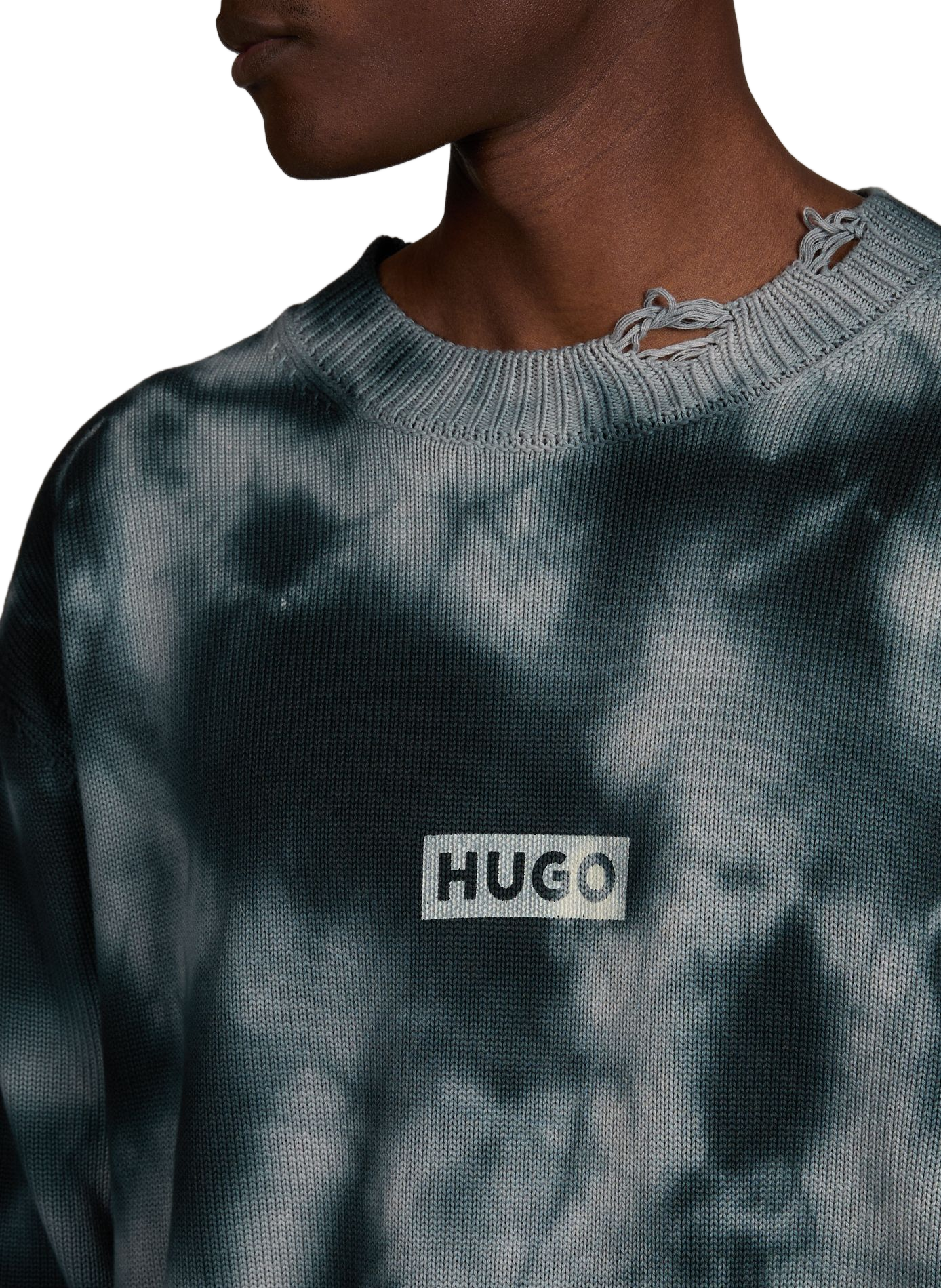 Pull déchiré à logo en coton HUGO BLUE Noir