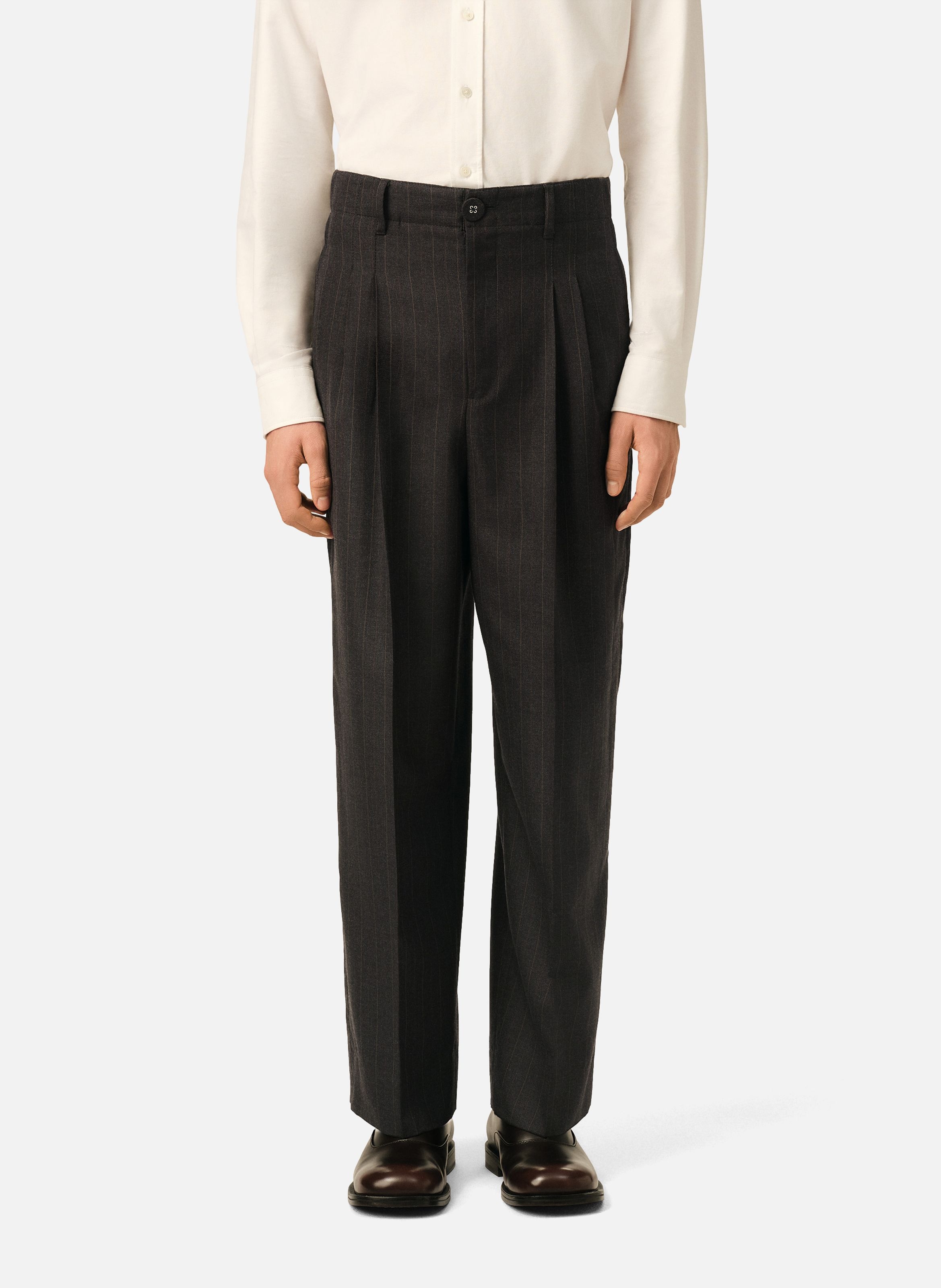 Pantalon rayé en laine coupe carotte taille haute AMI PARIS Gris