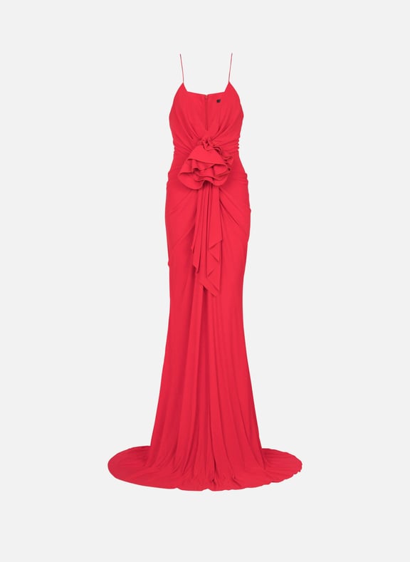 Robe longue plissée à détail fleur Rouge by BALMAIN BALMAIN Robe longue plissée à détail fleur Rouge