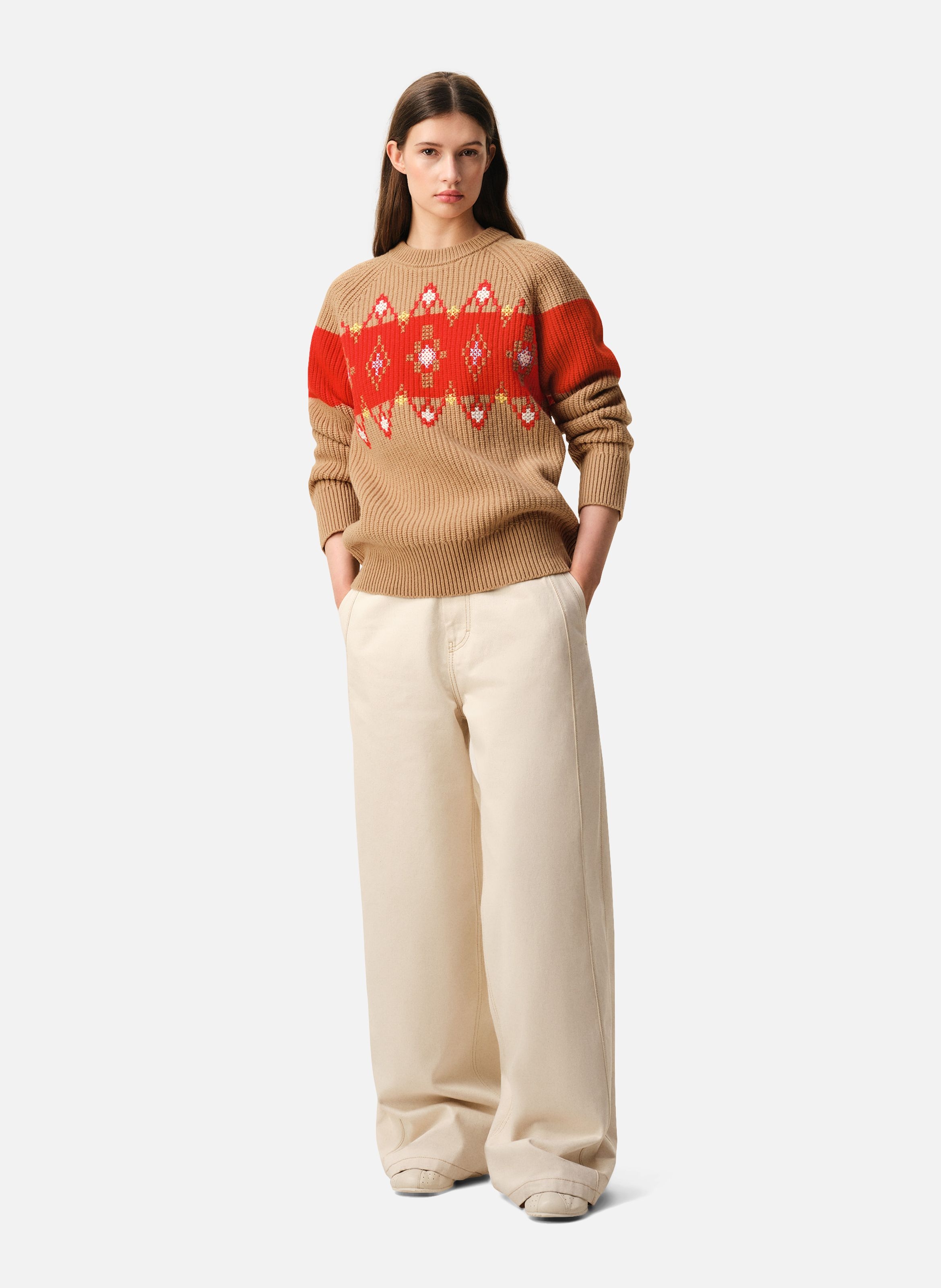 Pull col rond avec motif point de croix en laine unisexe AMI PARIS Marron