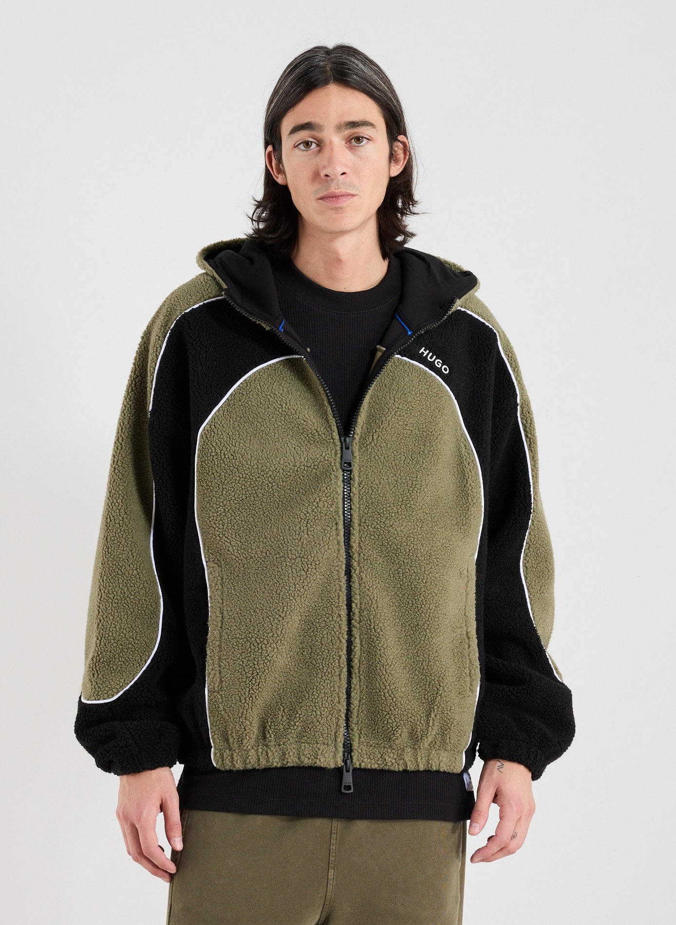 HUGO BLUE Hooded fleece jacket Khaki