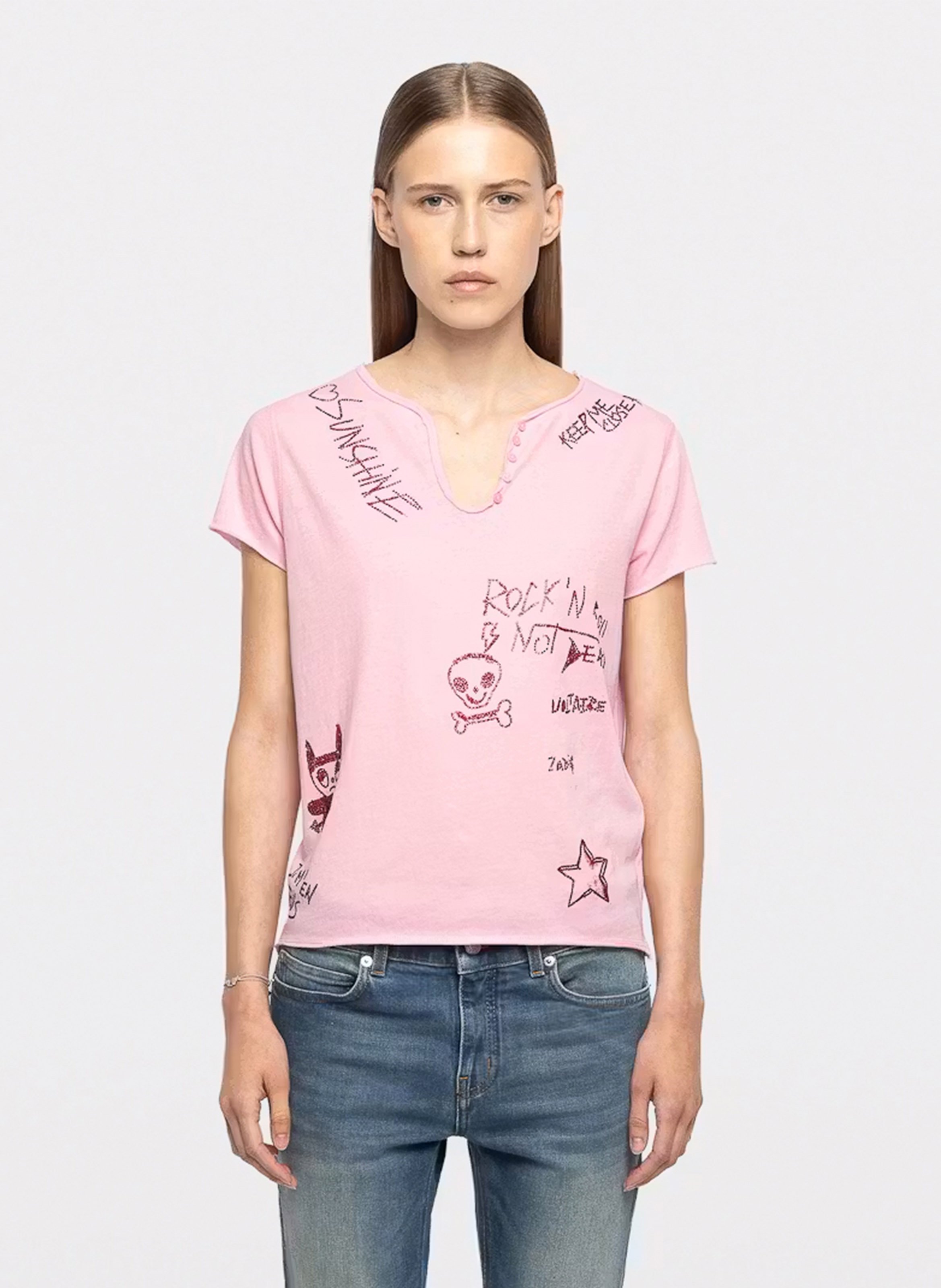Tee-shirt droit col tunisien en coton imprimé ZADIG&VOLTAIRE Rose