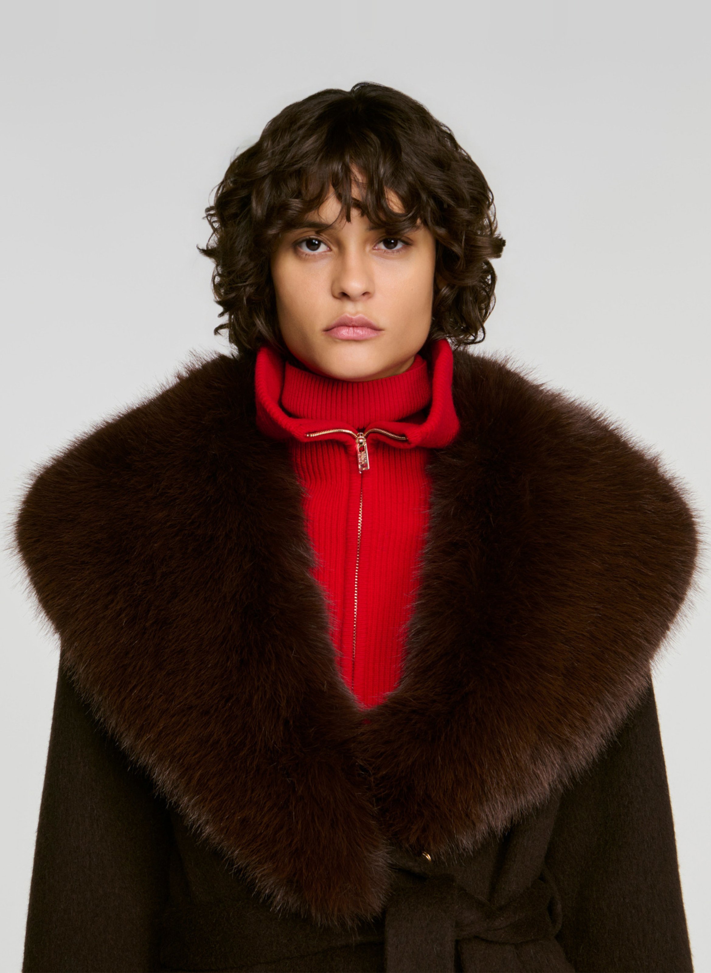 Manteau ample ceinturé à col effet fourrue SANDRO Marron