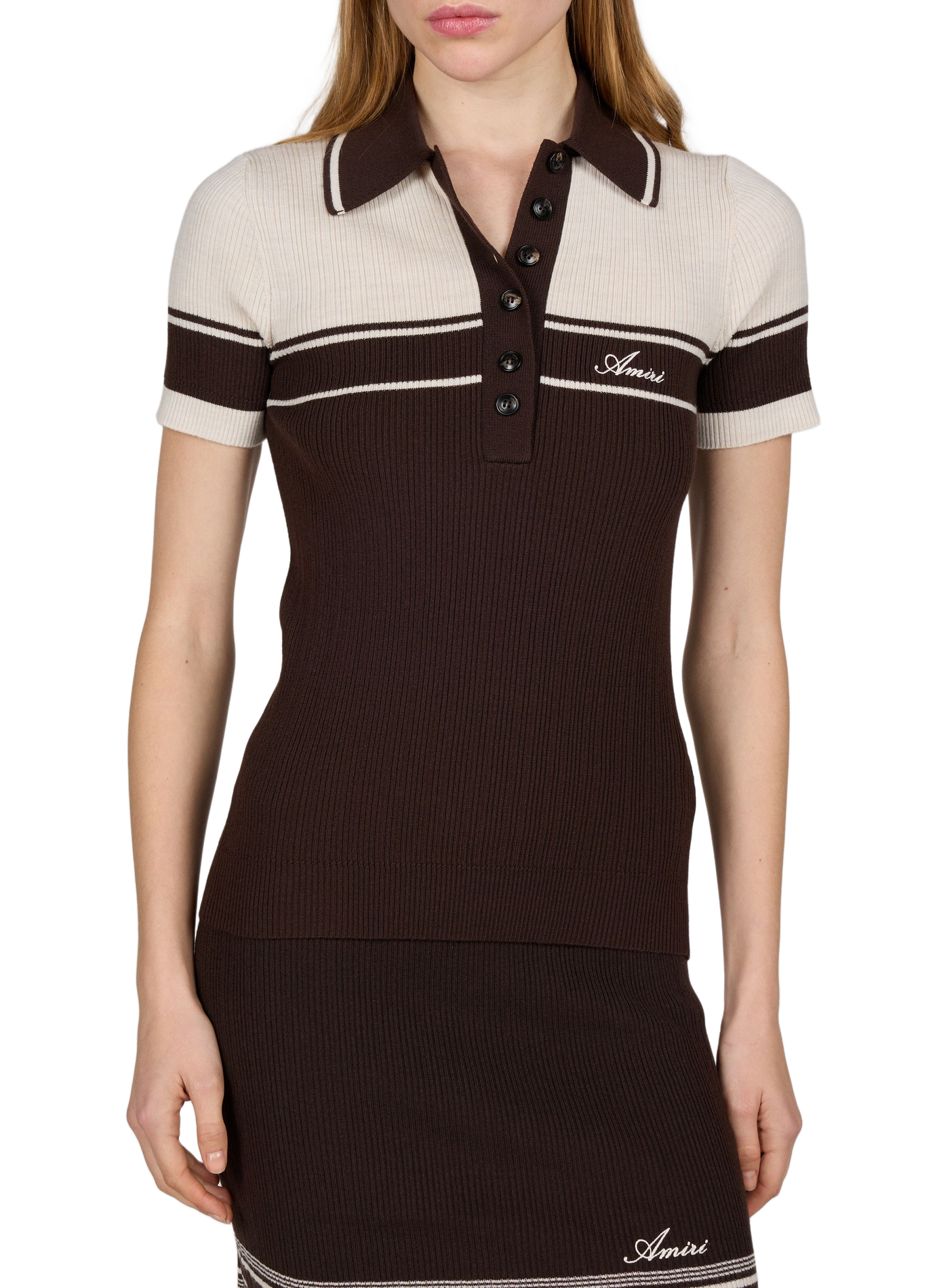 Straight-cut two-tone knitted polo shirt AMIRI Brown