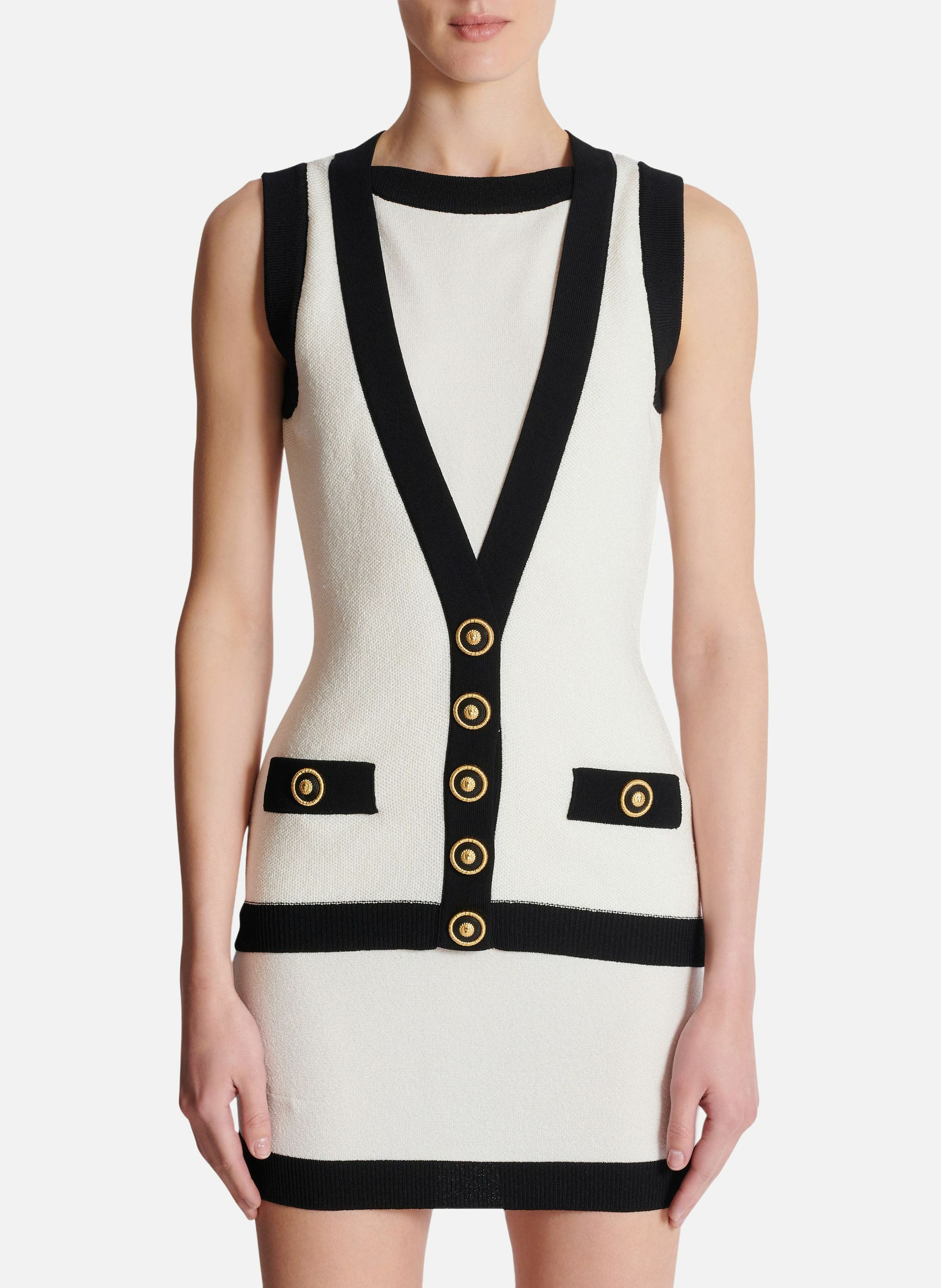 Robe bicolore en maille avec gilet en trompe-l'œil BALMAIN Beige