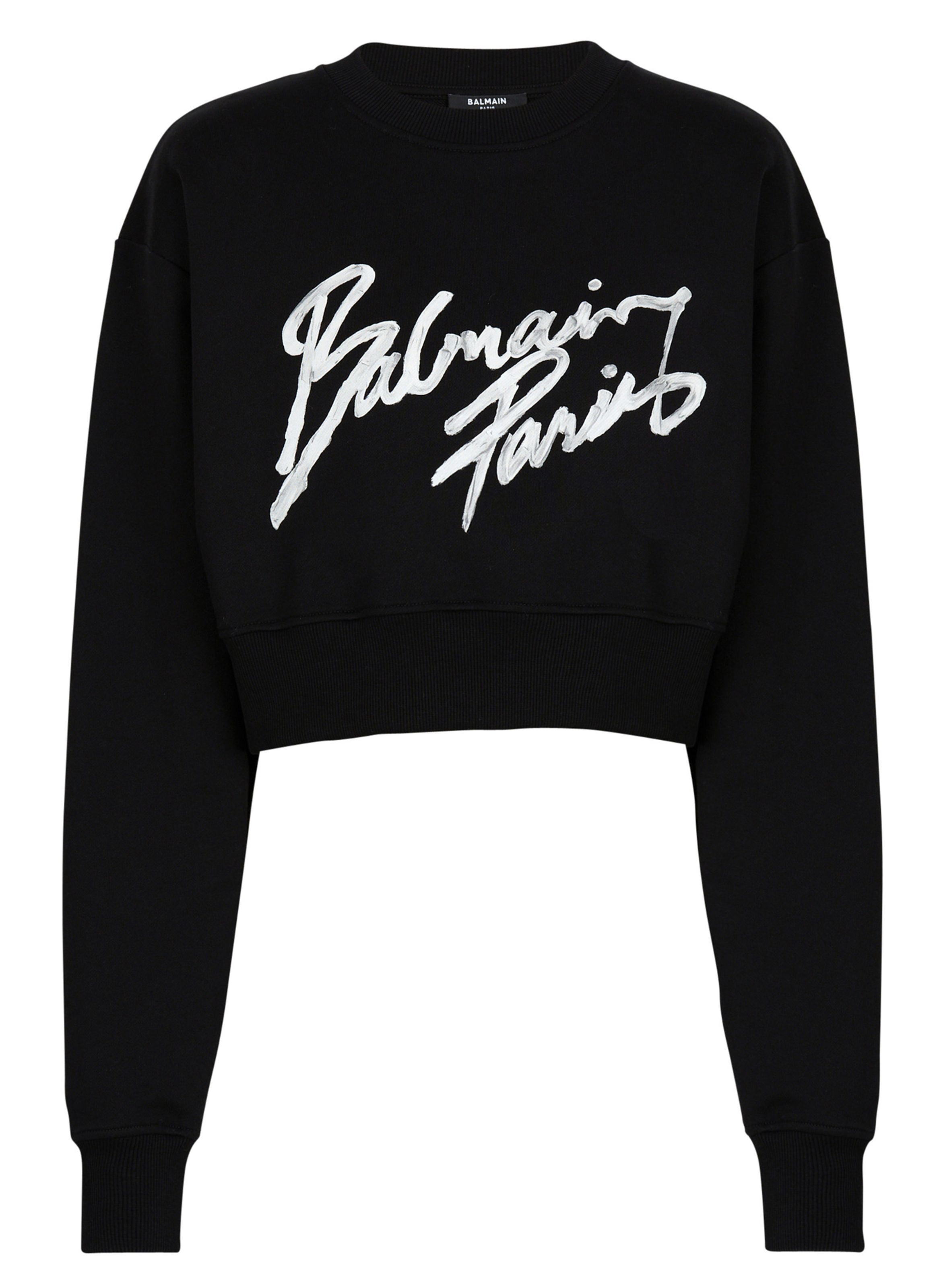 Sweatshirt court en coton à imprimé BALMAIN Noir