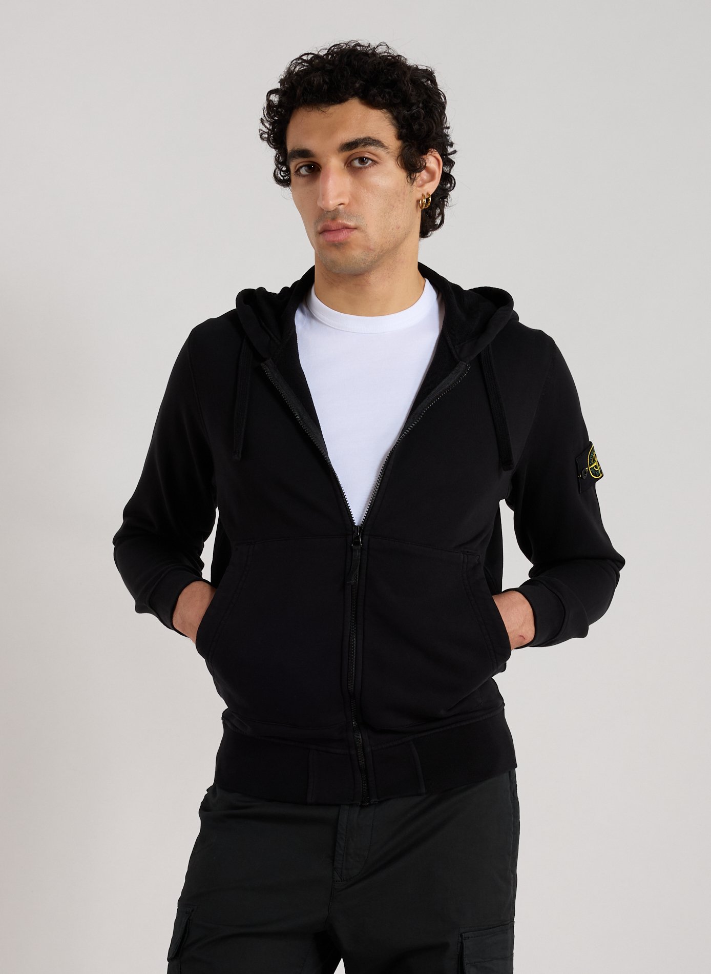 STONE ISLAND Sweat zippé à capuche en coton Noir