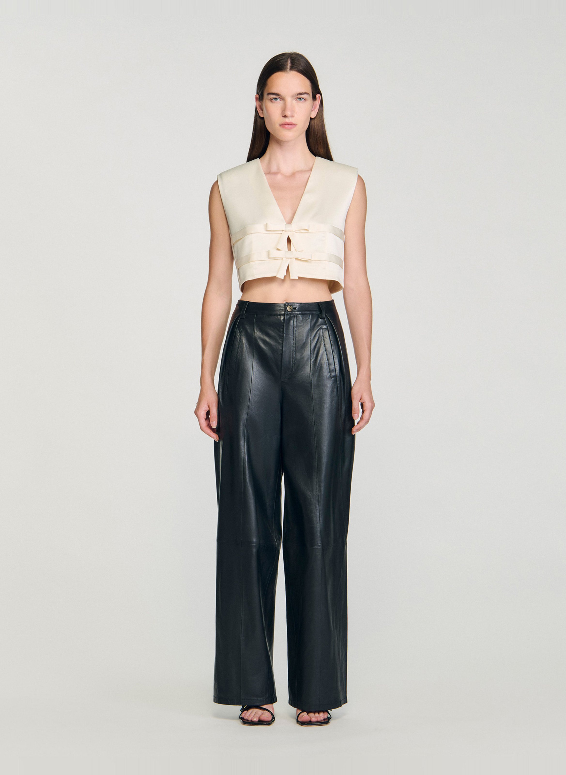 Top court satiné sans manches à noeuds SANDRO Beige