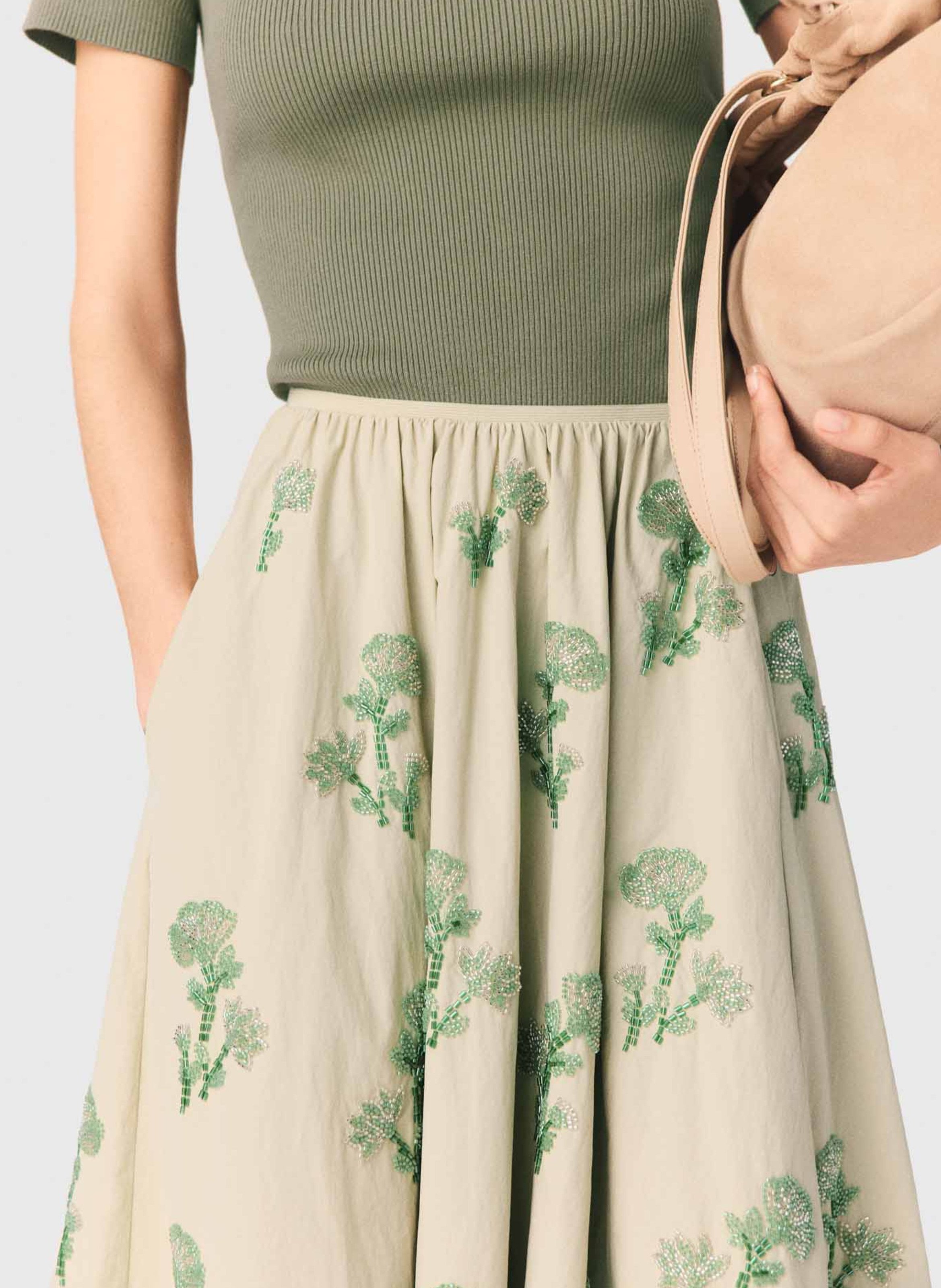 Jupe midi évasée brodée MAJE Beige