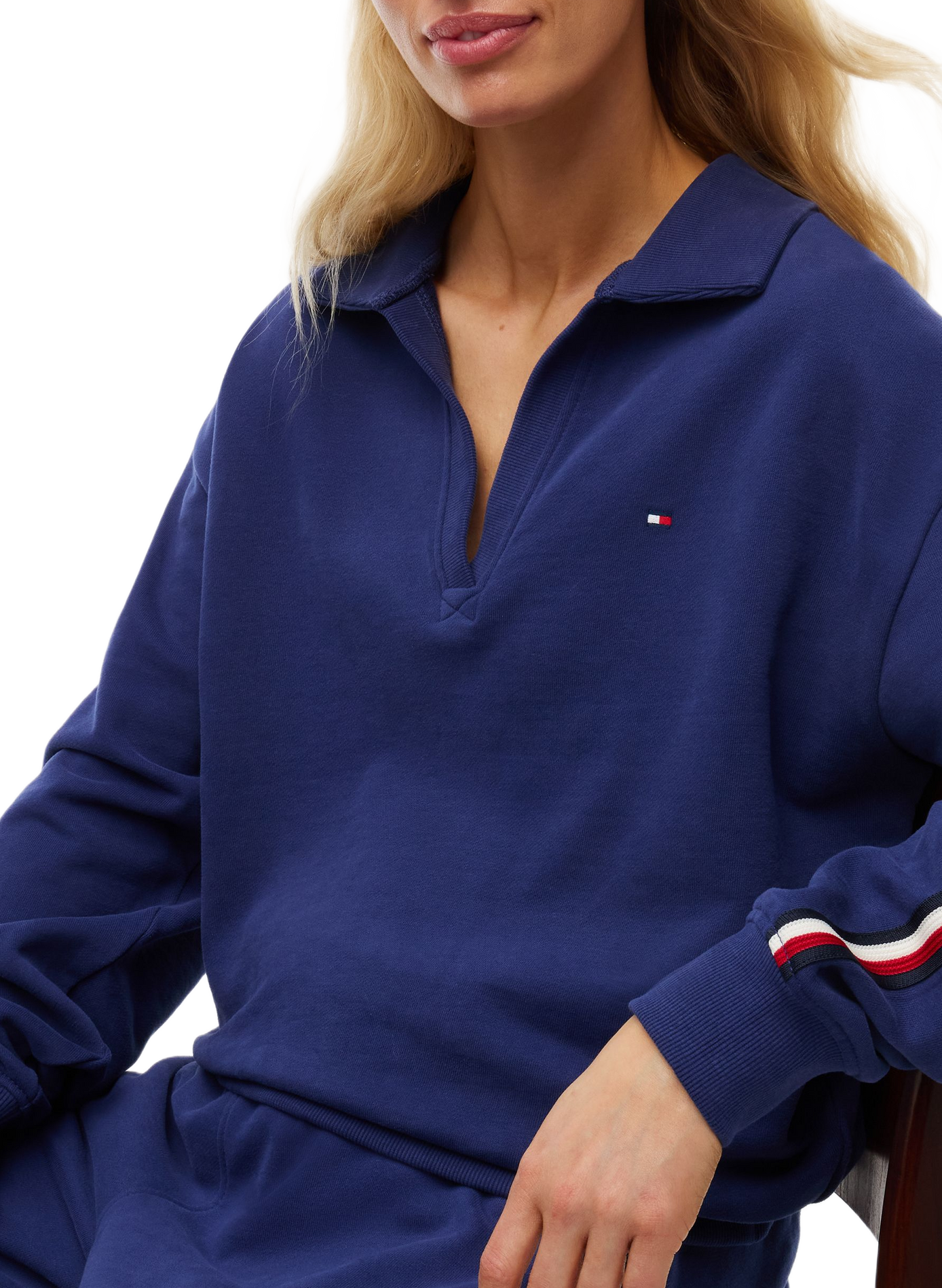 Sweat col ouvert uni en coton TOMMY HILFIGER Blue