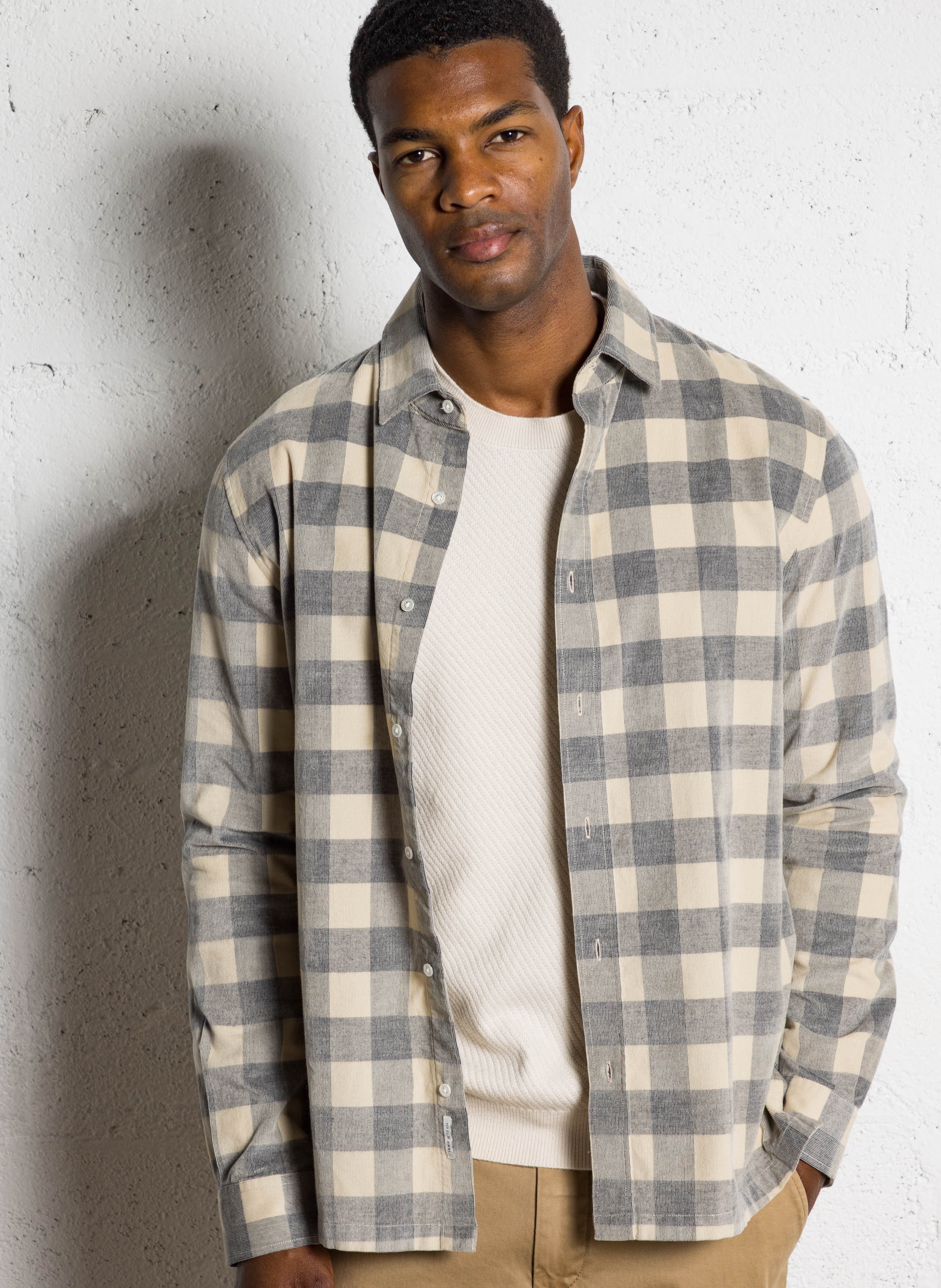 Chemise droite velours à carreaux IKKS Beige