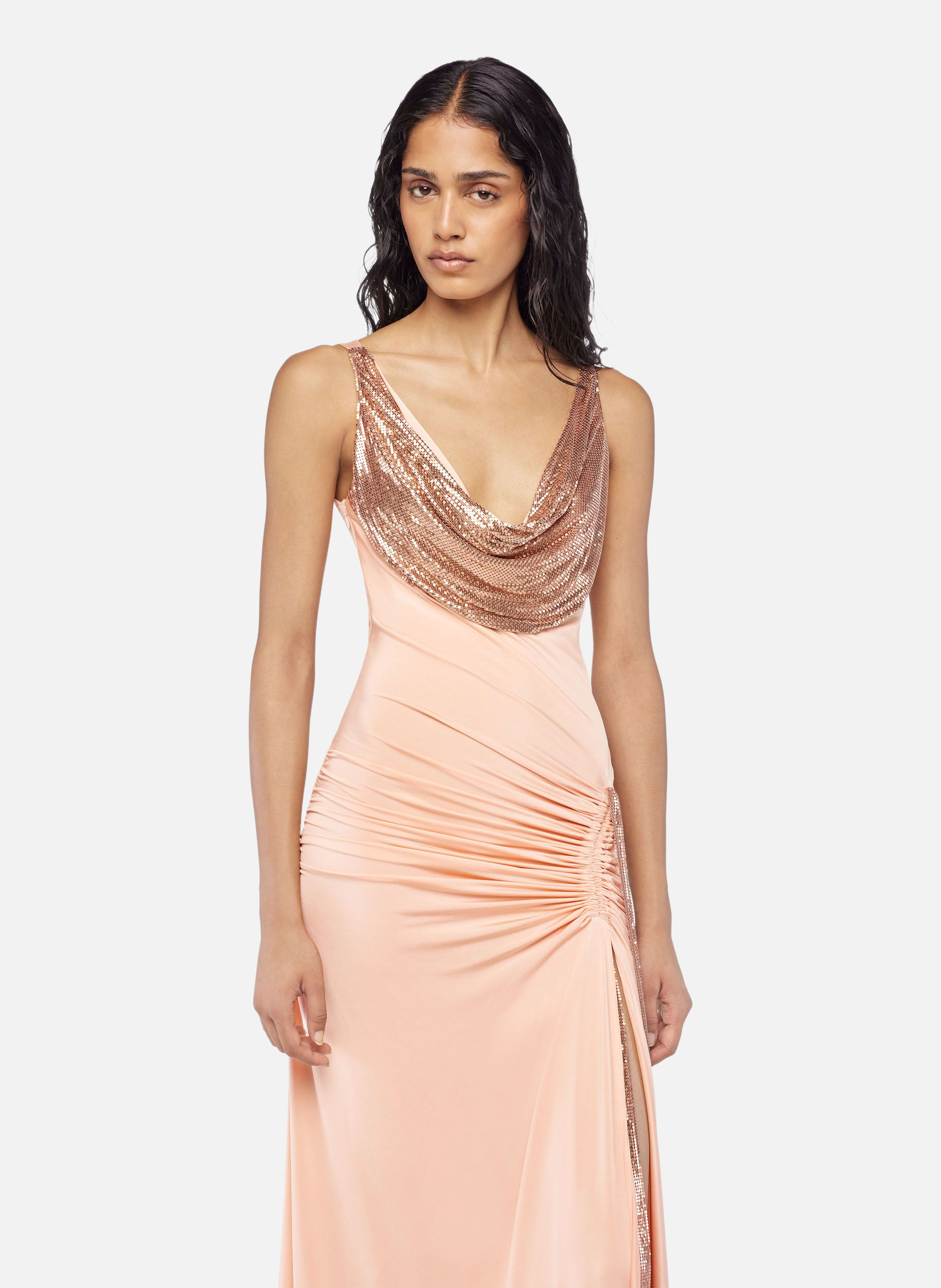 Robe longue en mesh et jersey RABANNE Rose