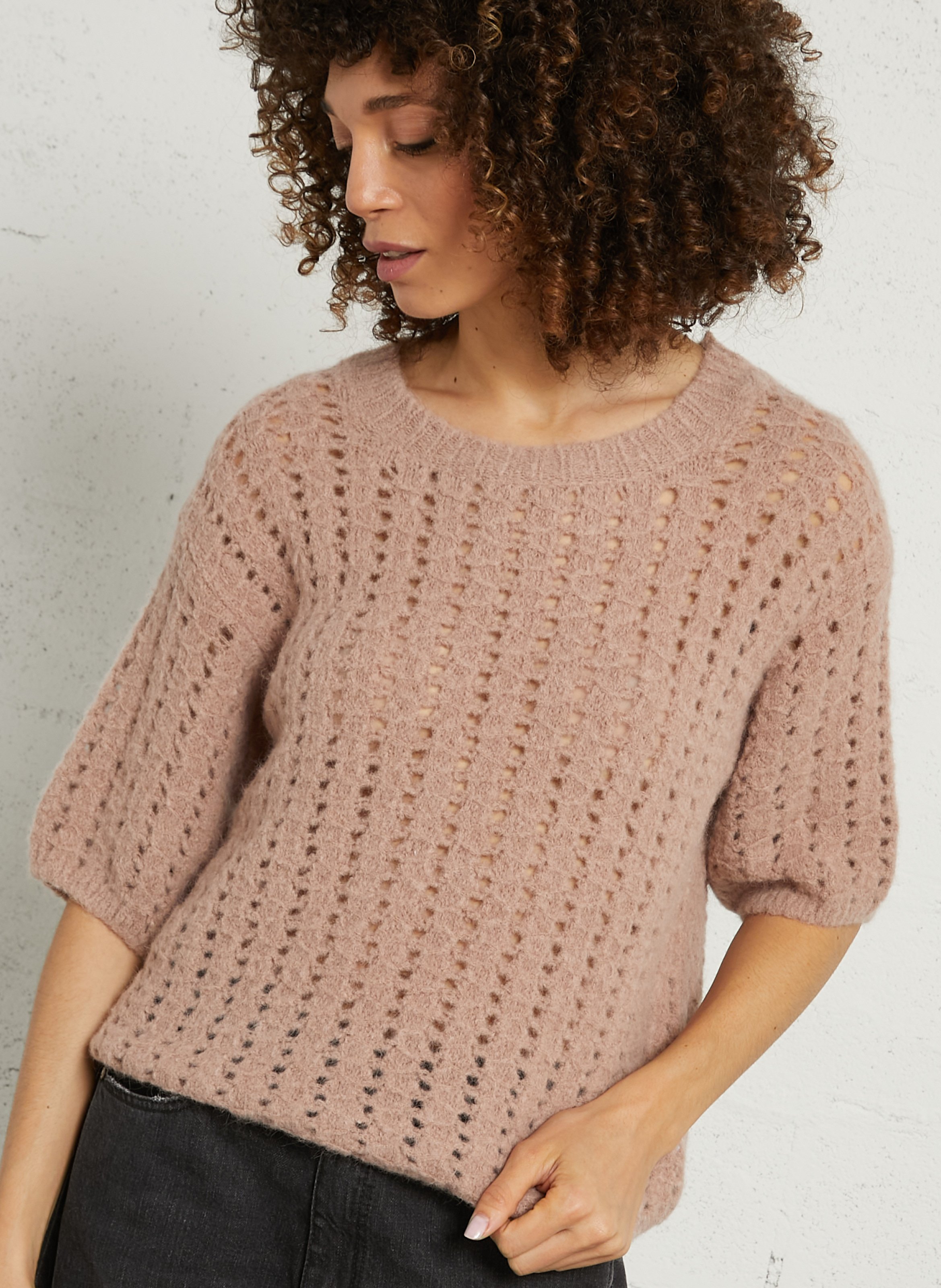 Pull ample col rond ajouré en alpaga mélangé prune MAISON 123 Rose