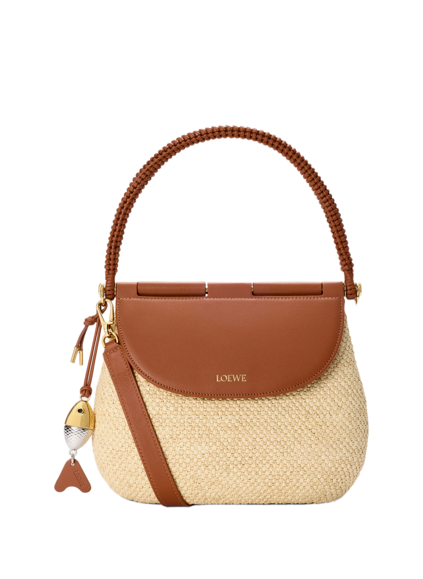 Sac Pescador moyen en raphia et cuir de veau LOEWE Beige
