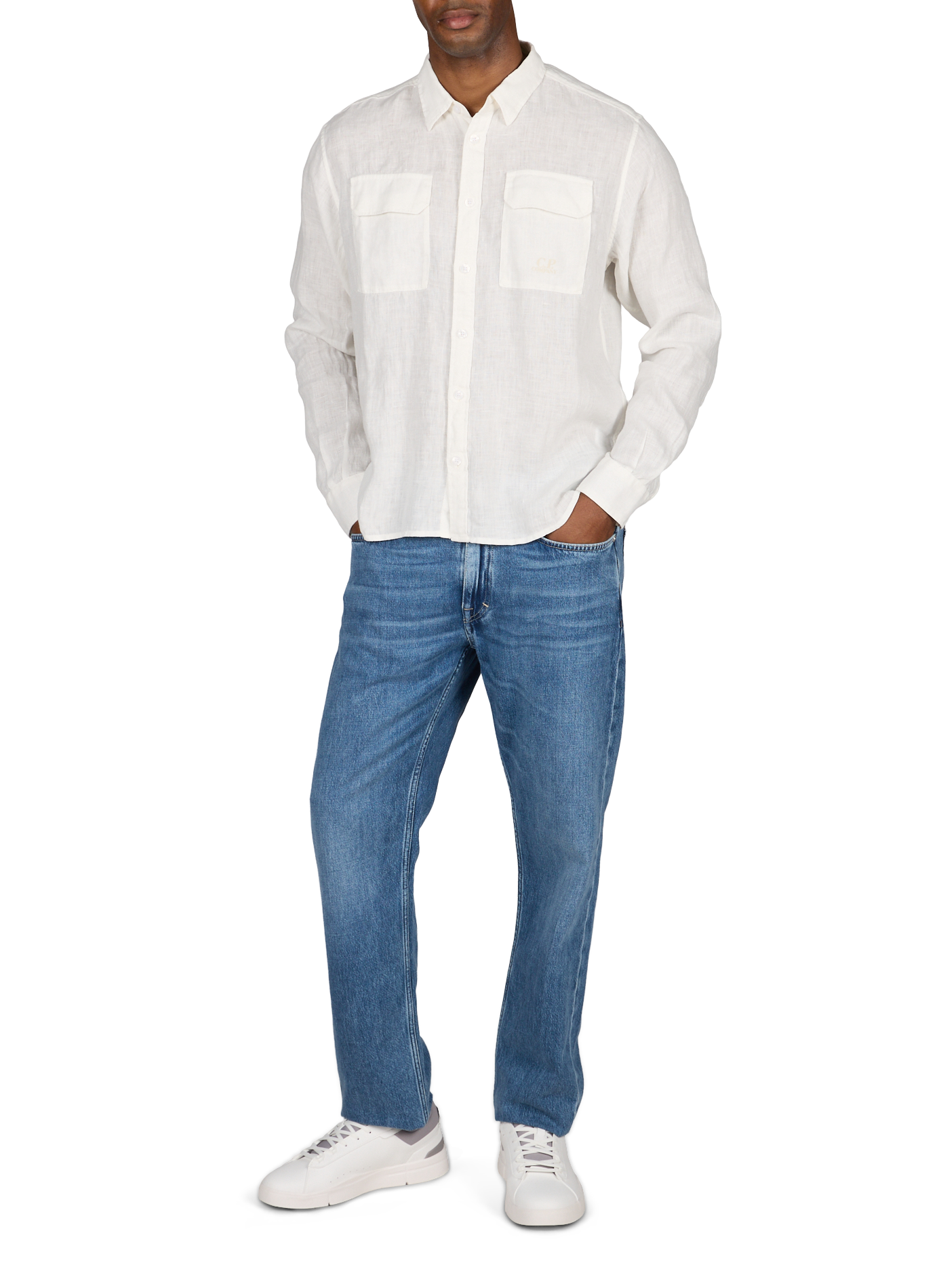 Chemise unie à poches à rabat avec logo imprimé en lin CP COMPANY Blanc