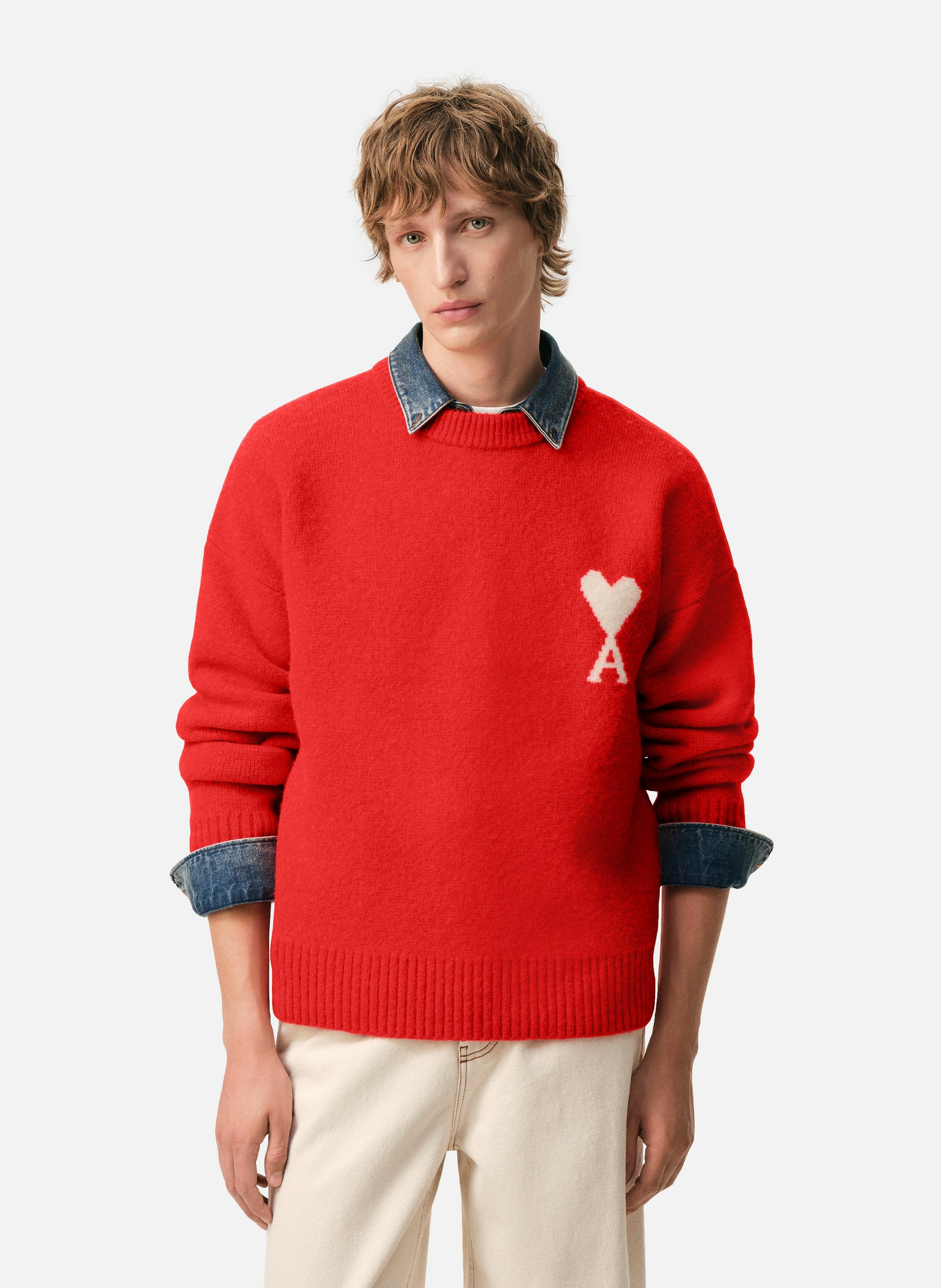 Pull col rond ami de coeur en alpaga unisexe AMI PARIS Rouge