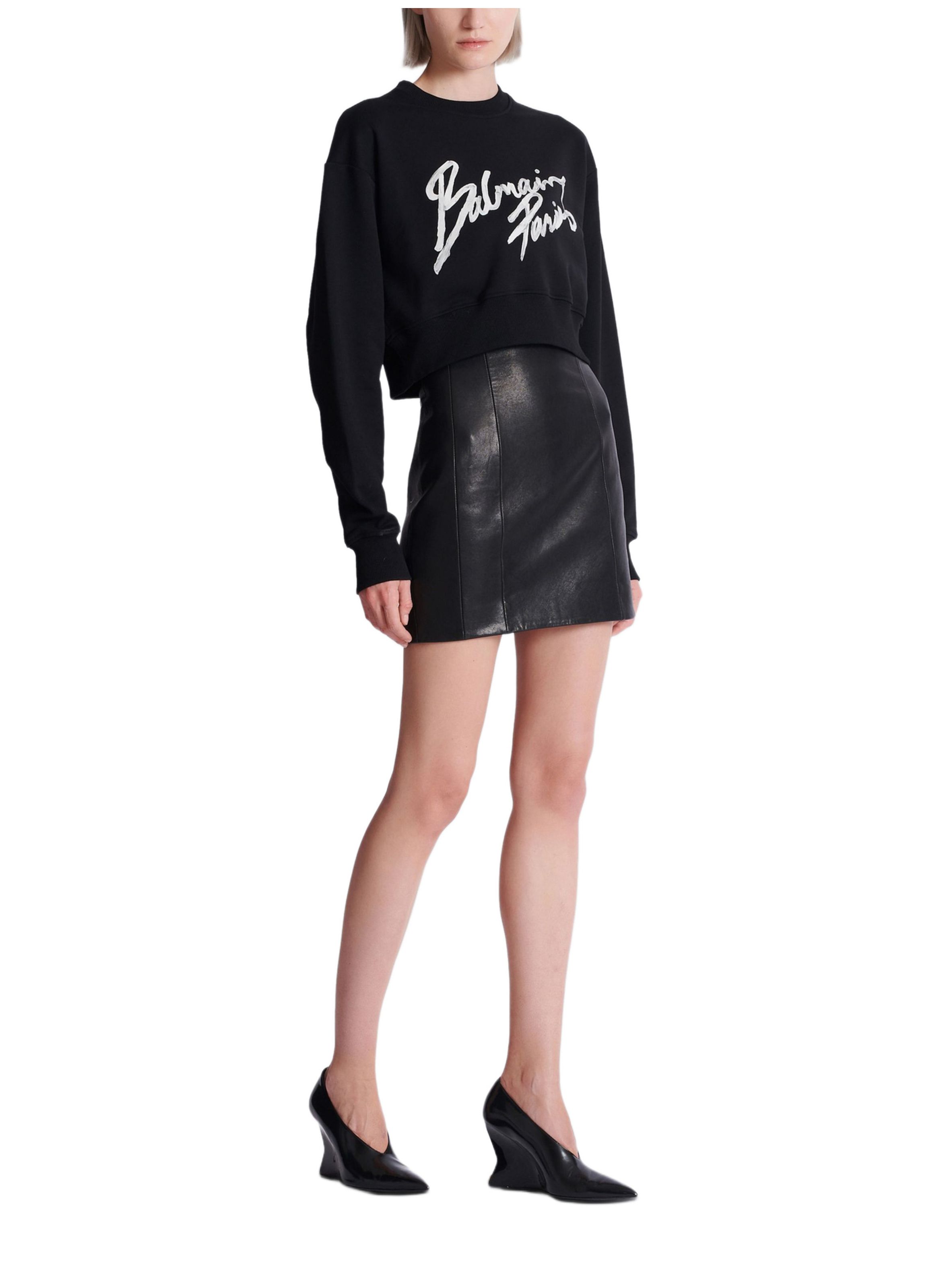 Sweatshirt court en coton à imprimé BALMAIN Noir