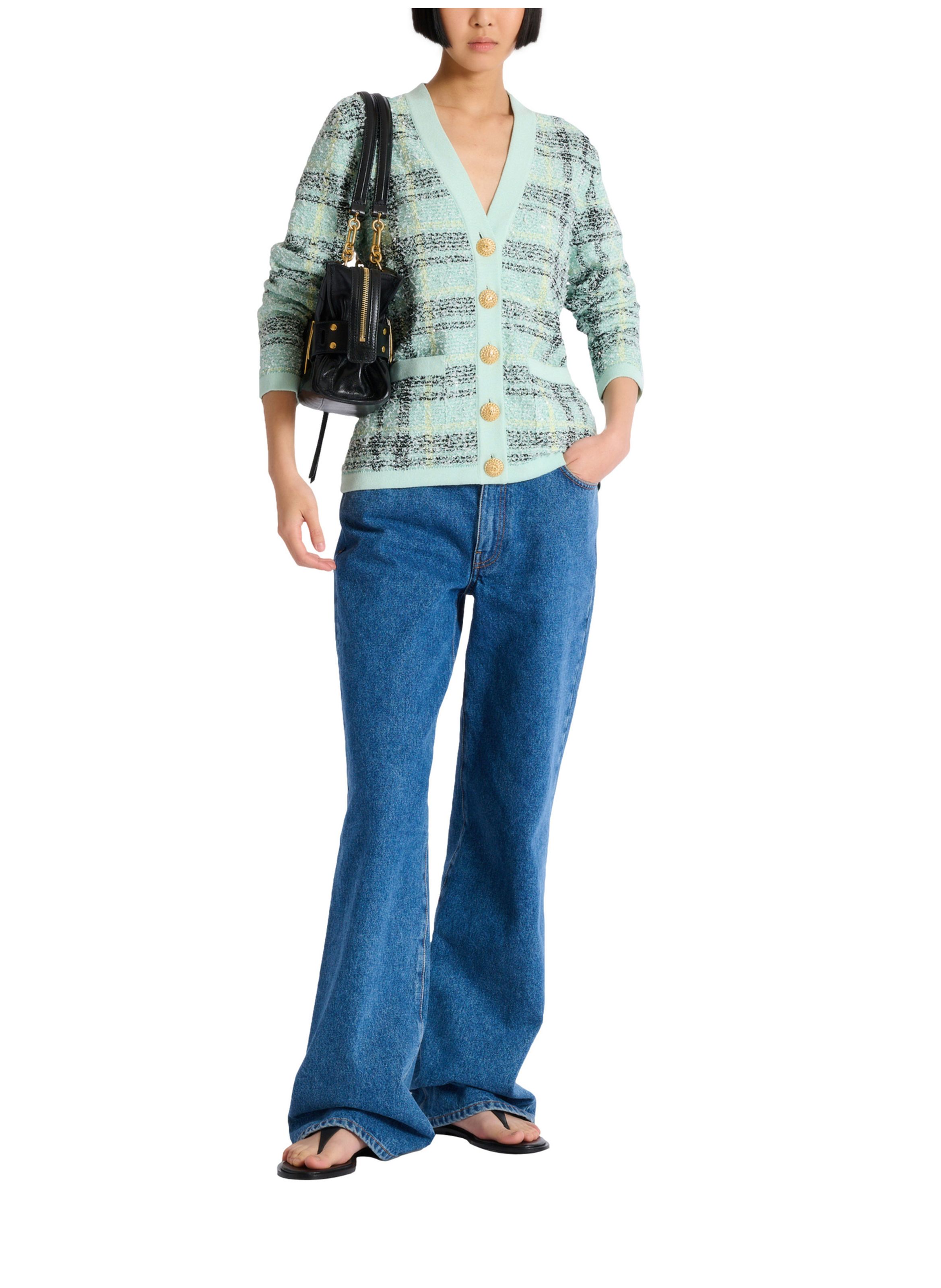 Cardigan loose en tweed à paillettes BALMAIN Vert