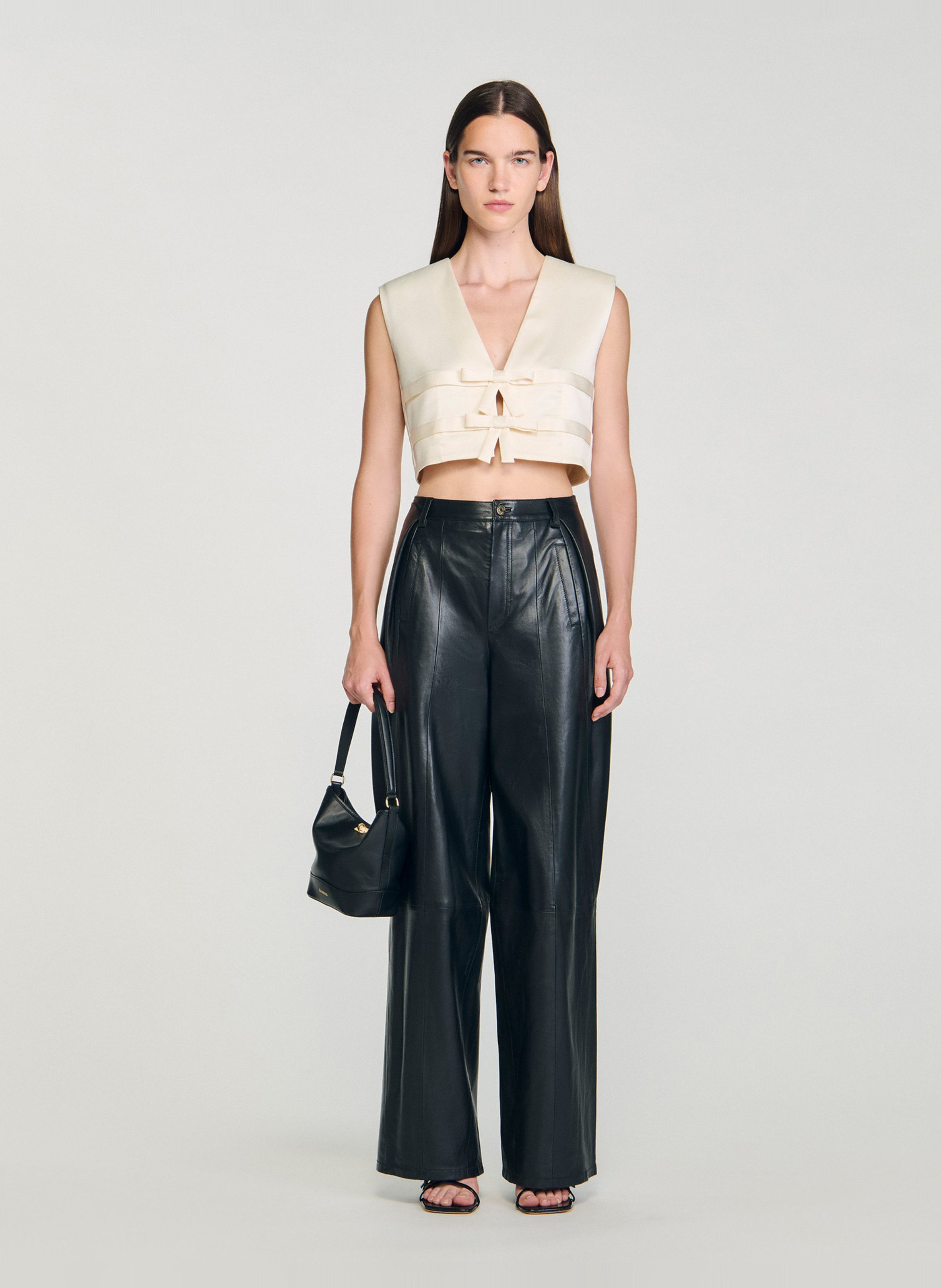 Top court satiné sans manches à noeuds SANDRO Beige