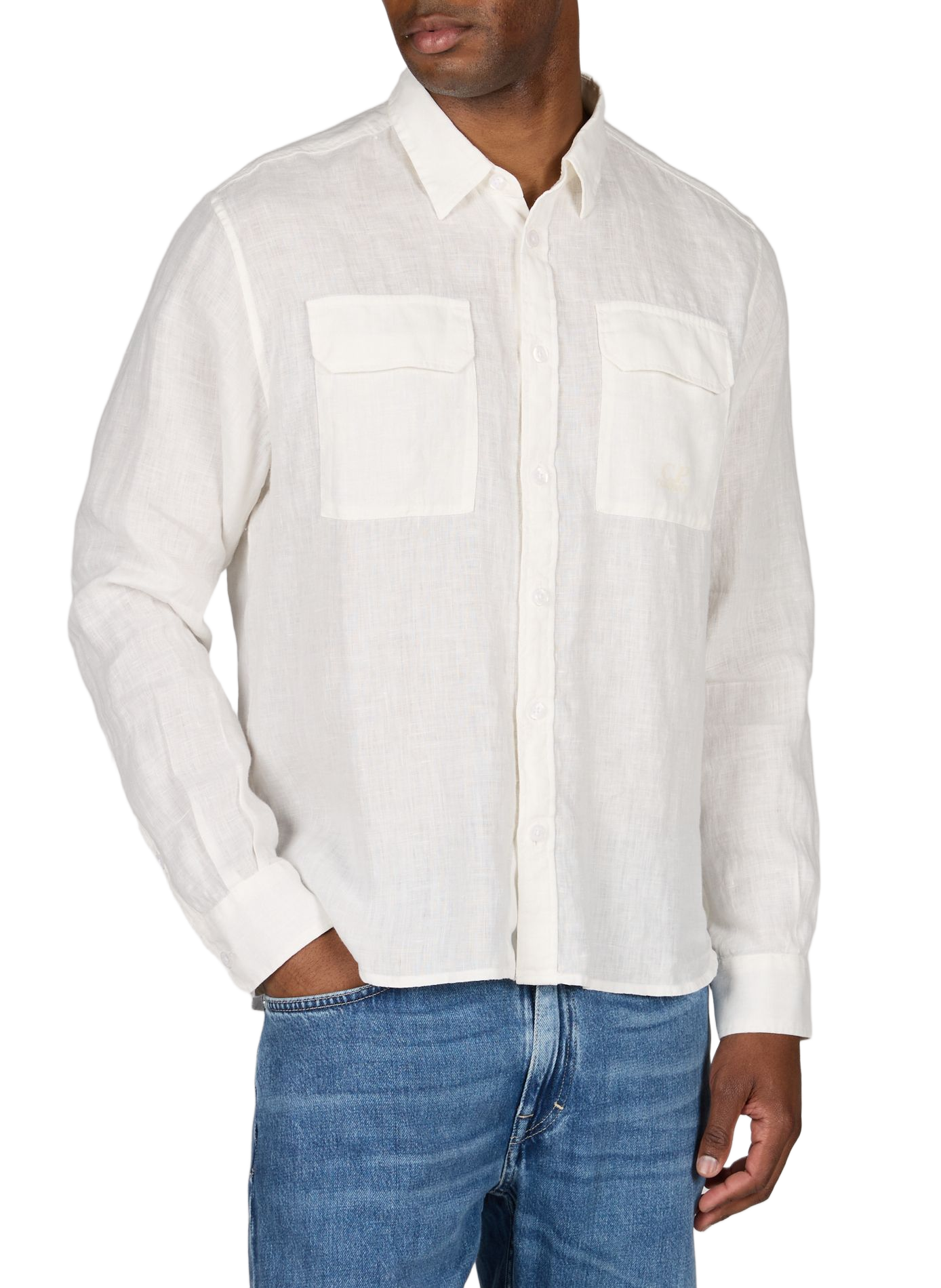 Chemise unie à poches à rabat avec logo imprimé en lin CP COMPANY Blanc