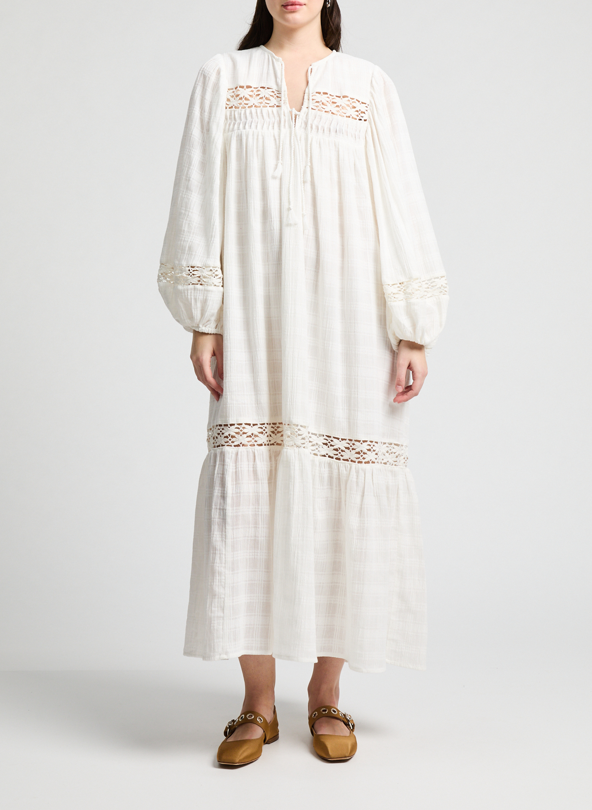 Langes besticktes Bio-Baumwollkleid LOUISE MISHA Beige