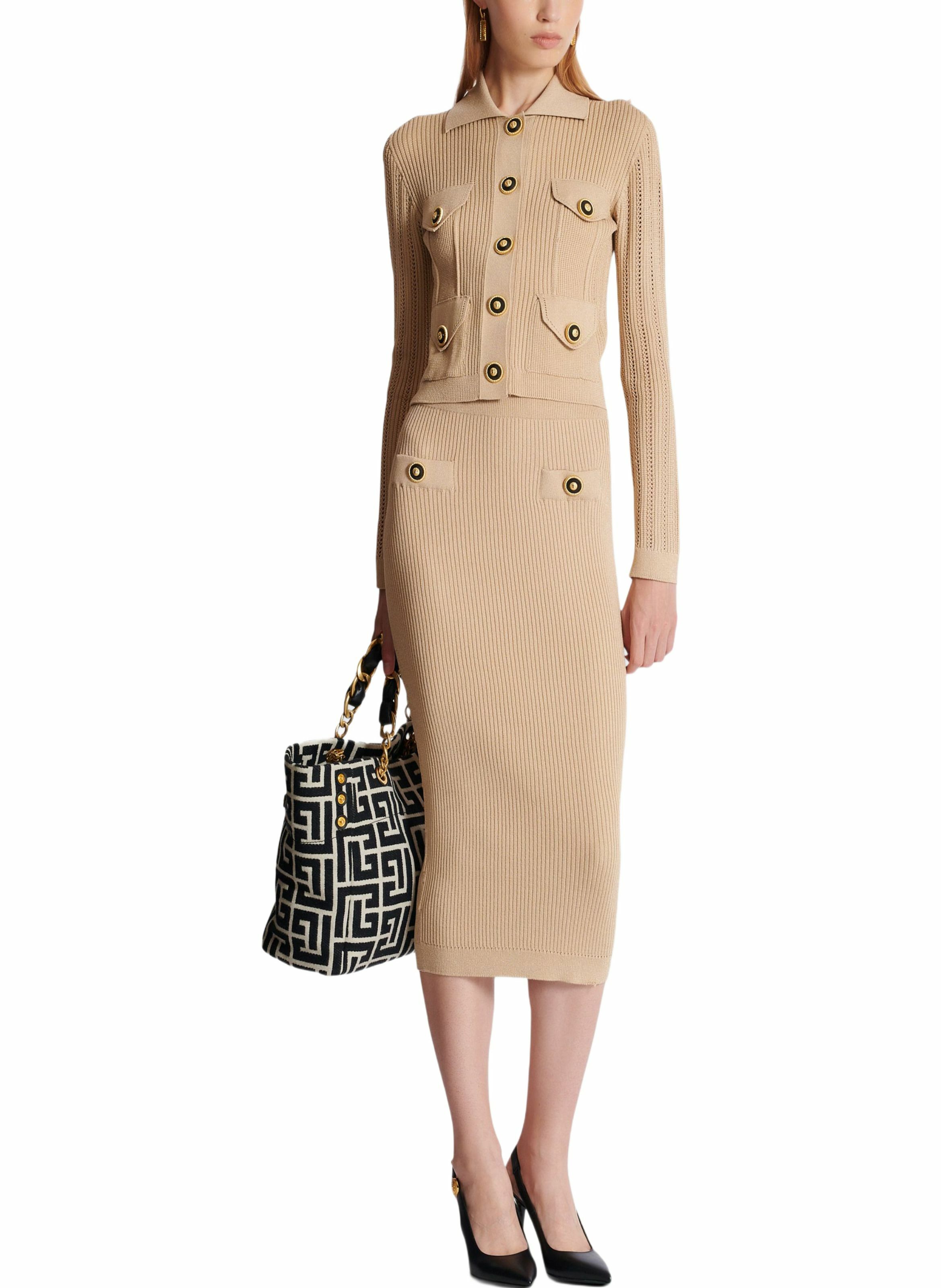 Jupe midi en maille côtelée unie BALMAIN Beige