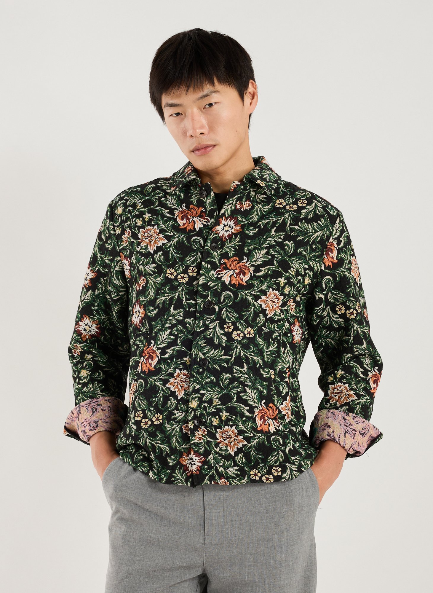 LES DEUX Floral shirt with classic collar Black