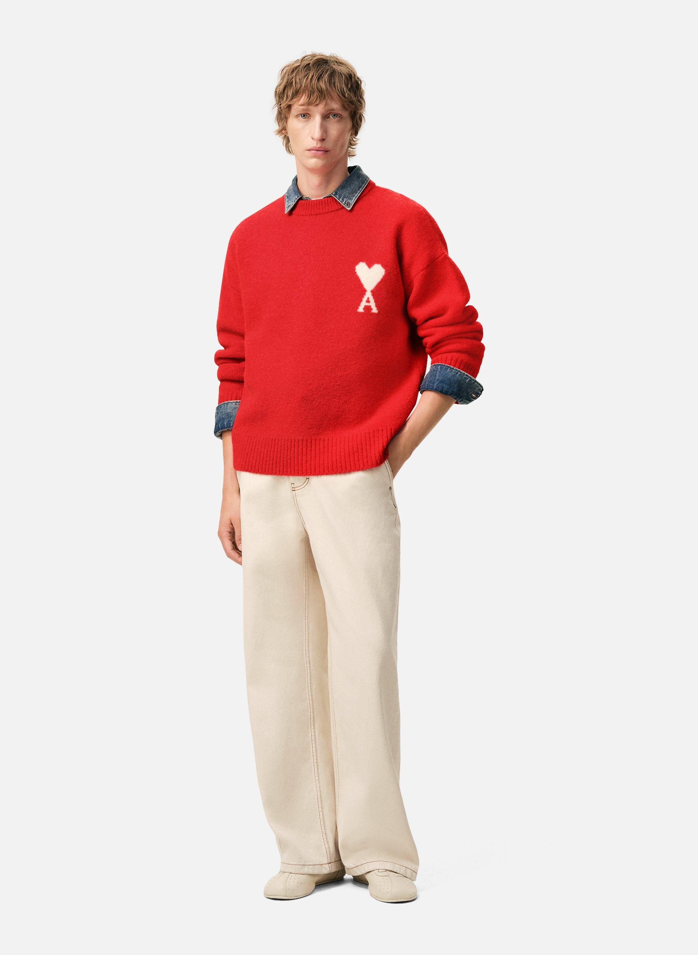 Pull col rond ami de coeur en alpaga unisexe AMI PARIS Rouge