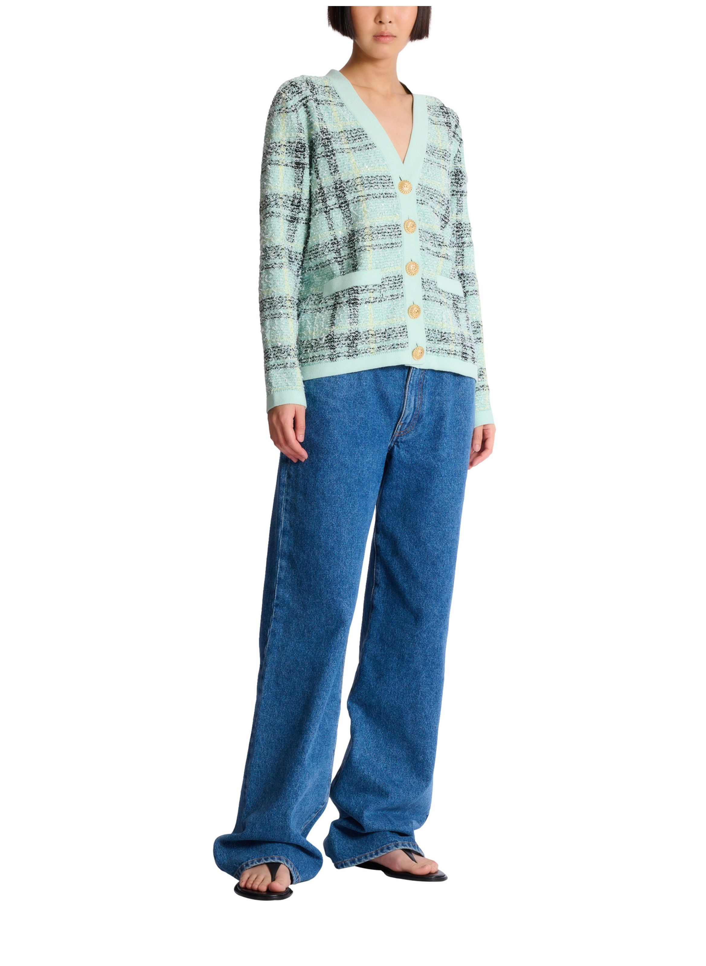 Cardigan loose en tweed à paillettes BALMAIN Vert