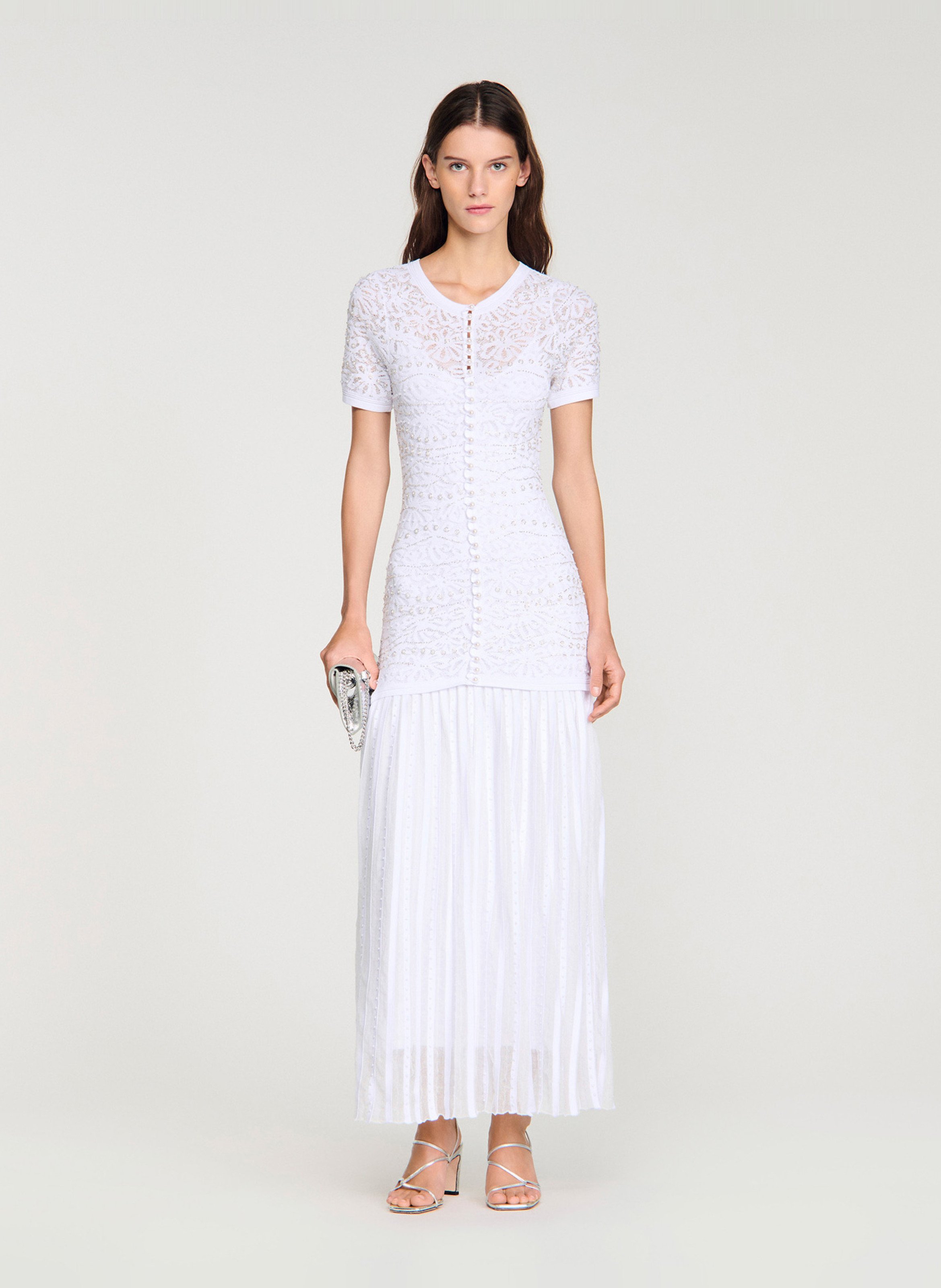 Robe longue col rond en dentelle SANDRO Blanc