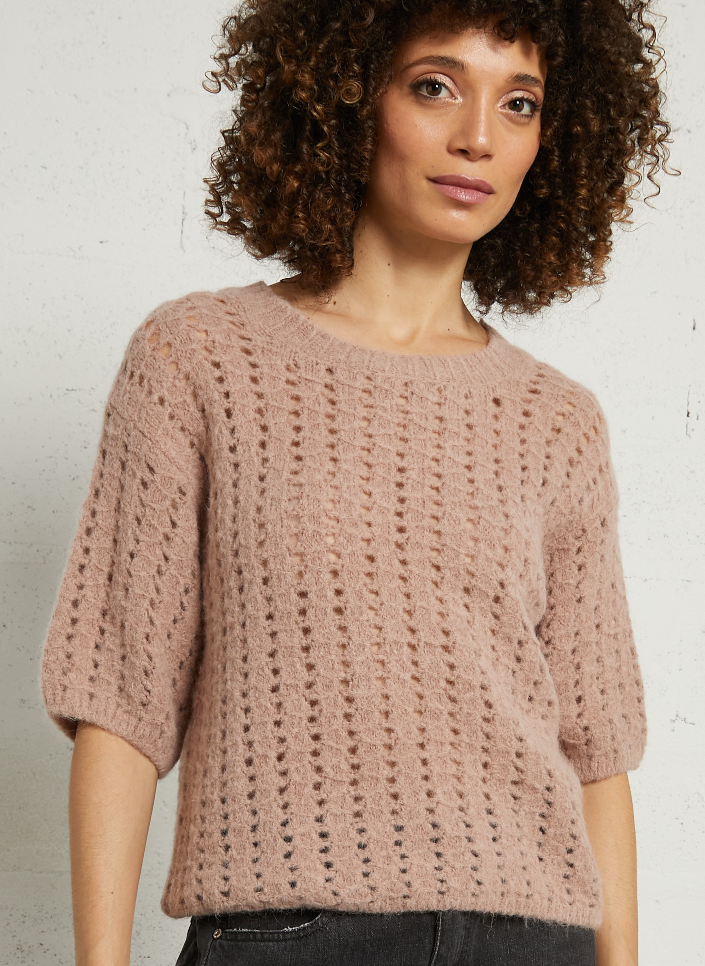 Pull ample col rond ajouré en alpaga mélangé prune MAISON 123 Rose