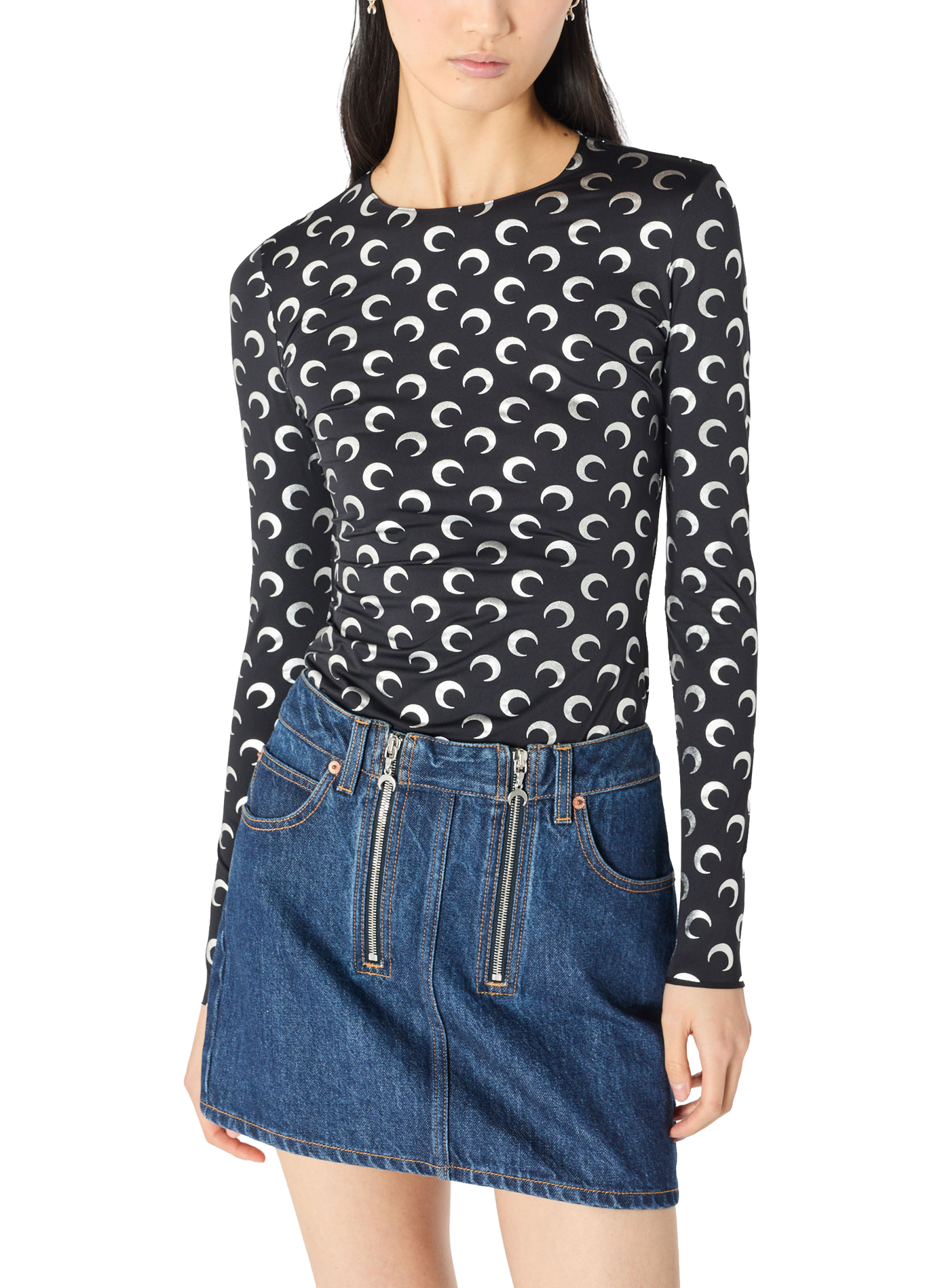 Top col rond manches longues en jersey imprimé moon argent MARINE SERRE Noir