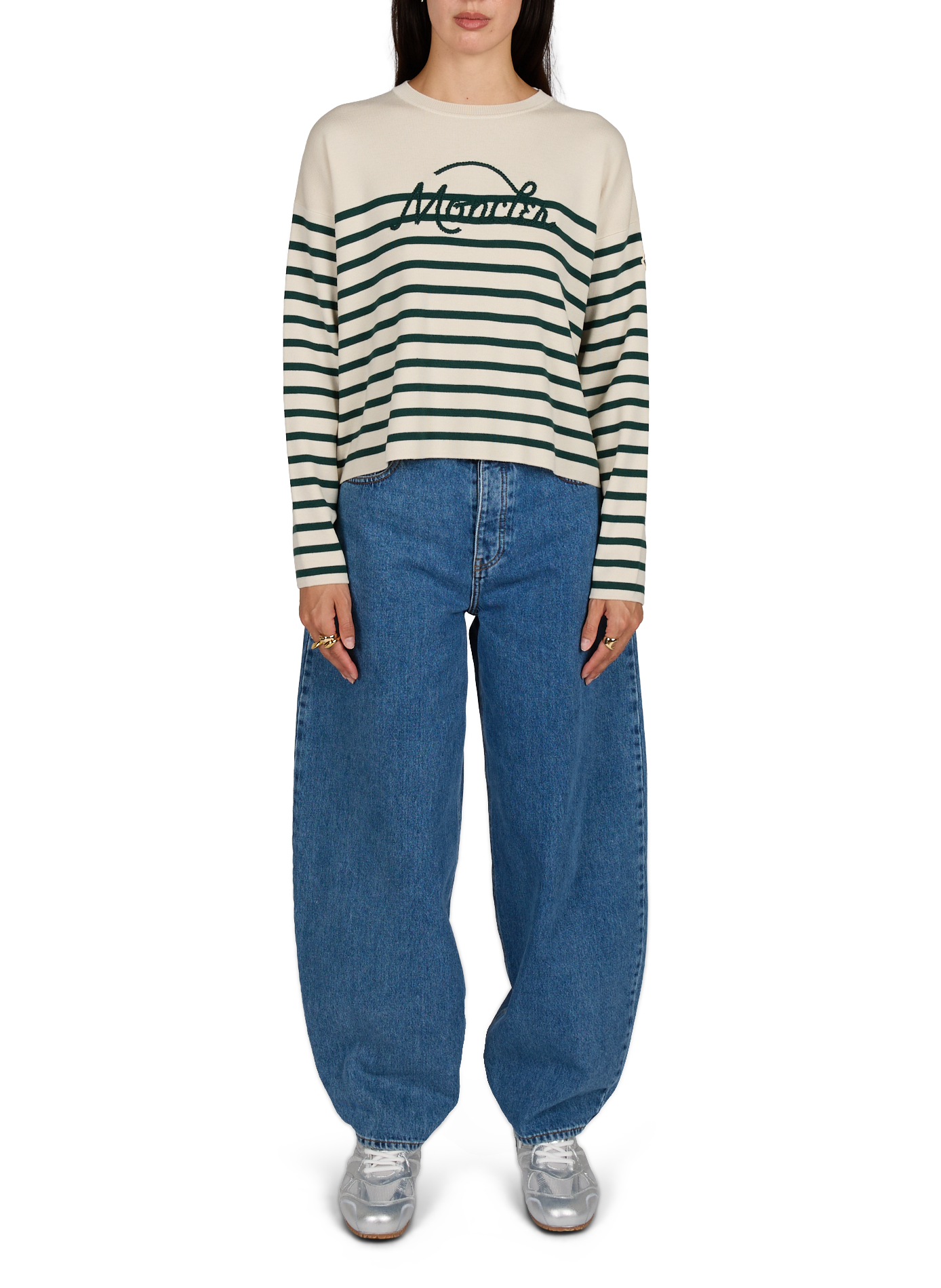 Striped oversized sweater with embroidered logo in wool. MONCLER Yellow