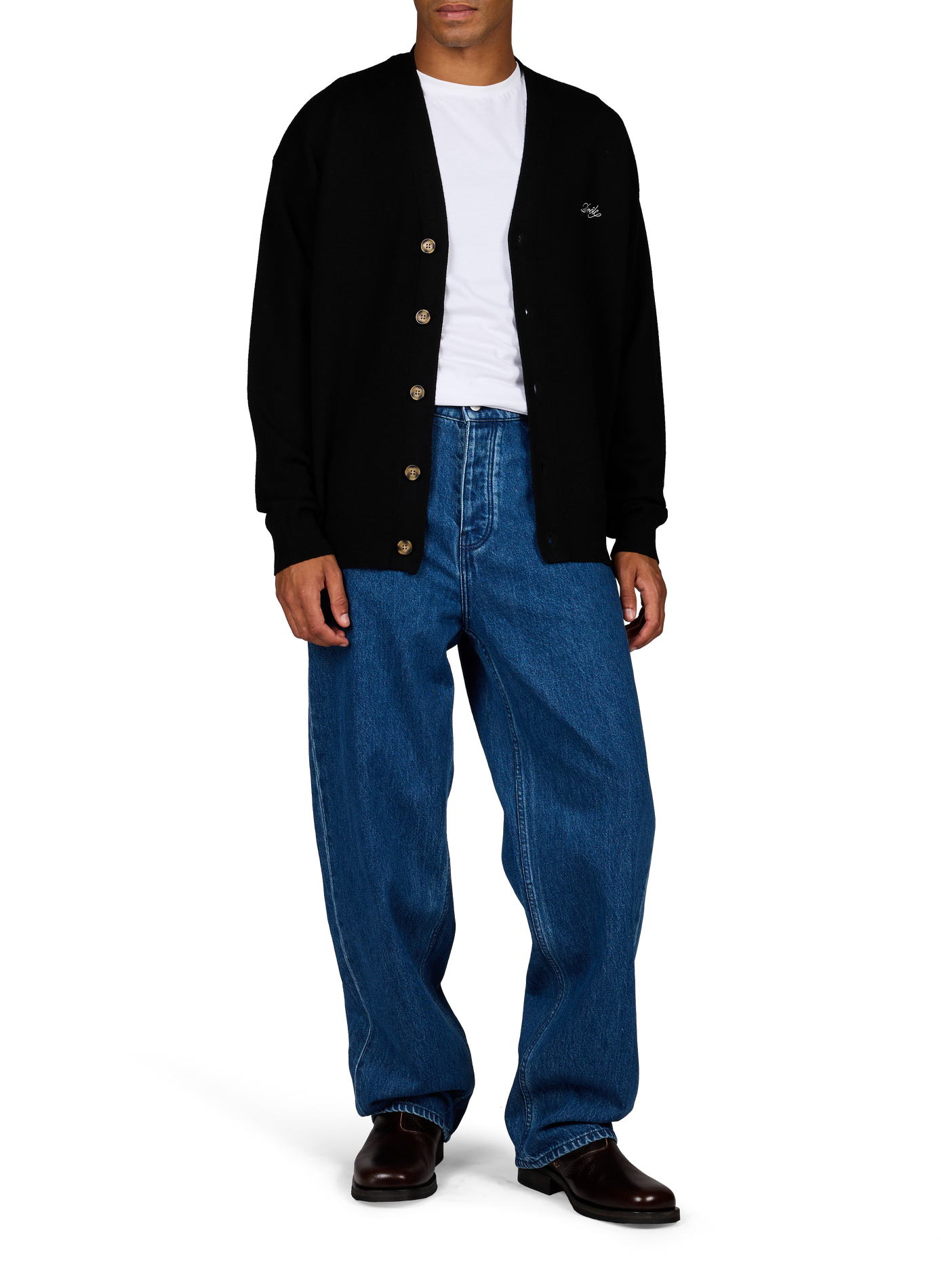 Cardigan ample col V brodé en laine mérinos DROLE DE MONSIEUR Noir