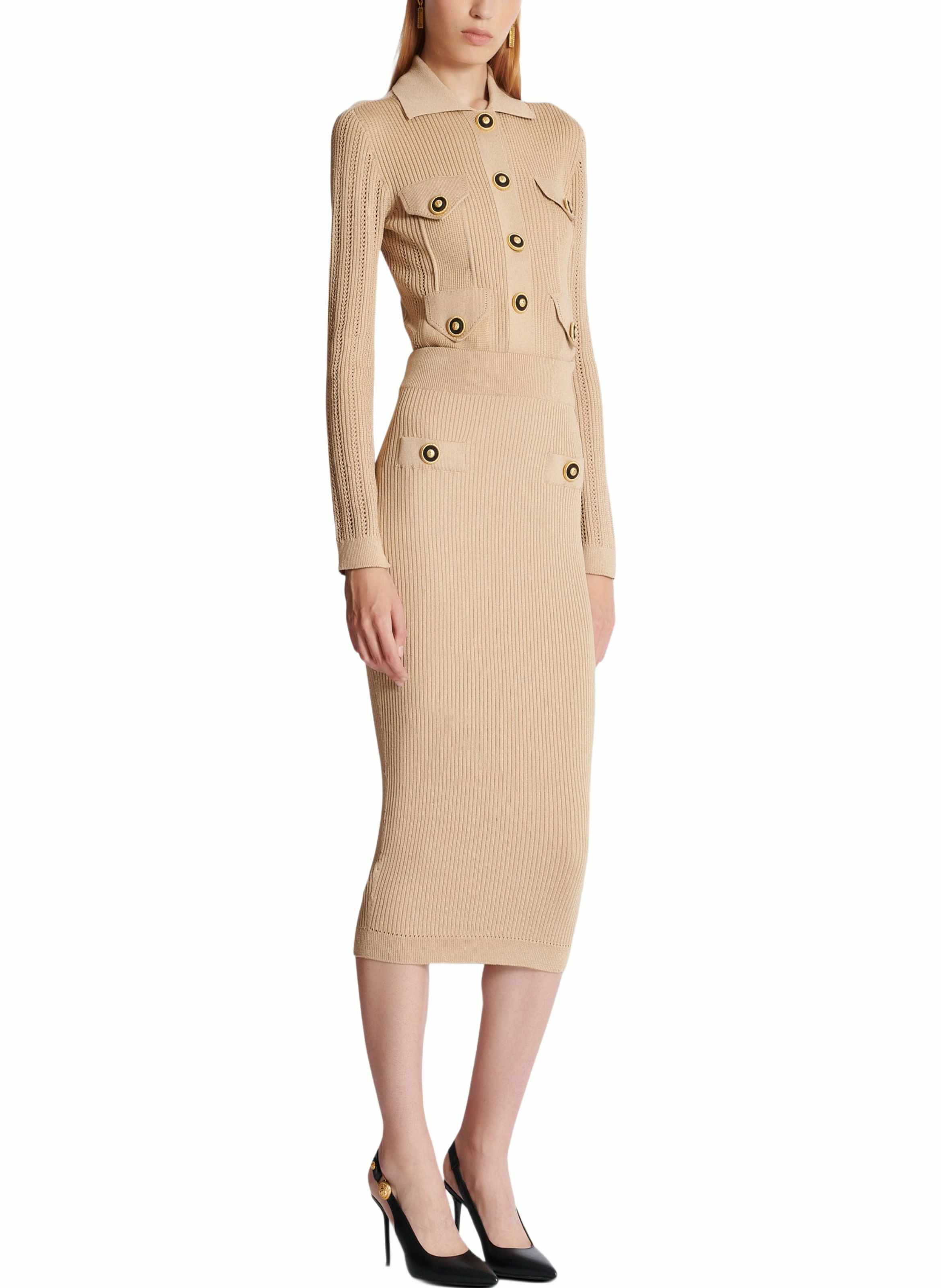 Jupe midi en maille côtelée unie BALMAIN Beige