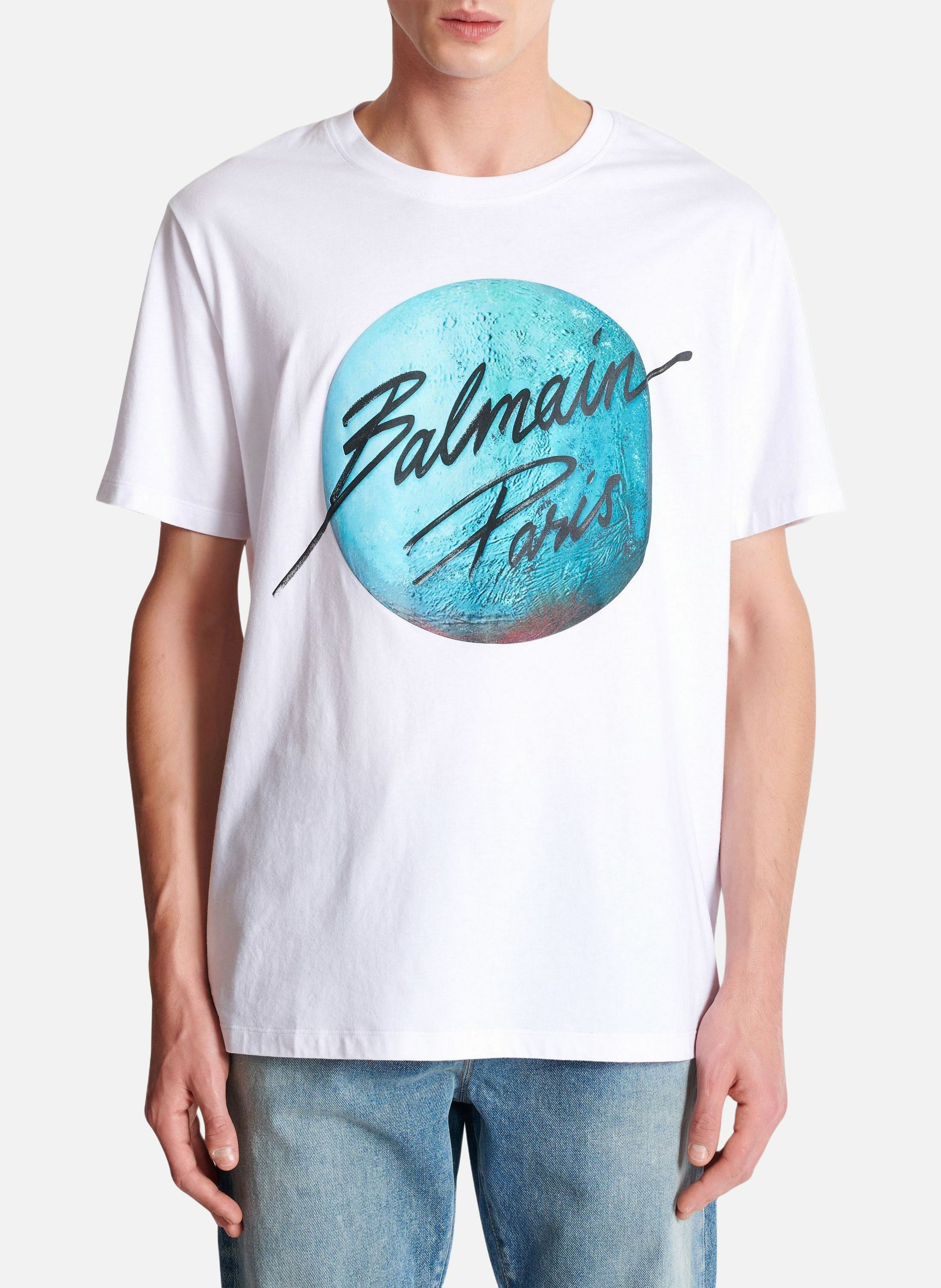 T-shirt imprimé balmain paris logo et planète BALMAIN Blanc