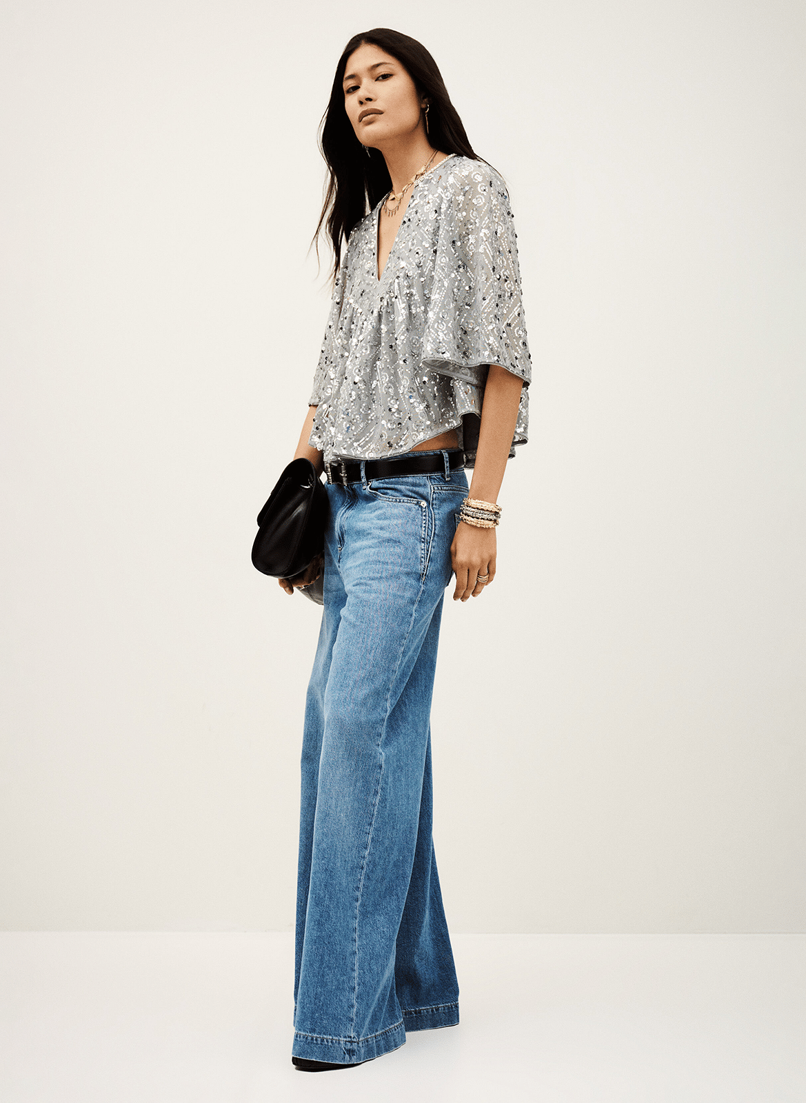 Top ample col v à sequins cara Argent