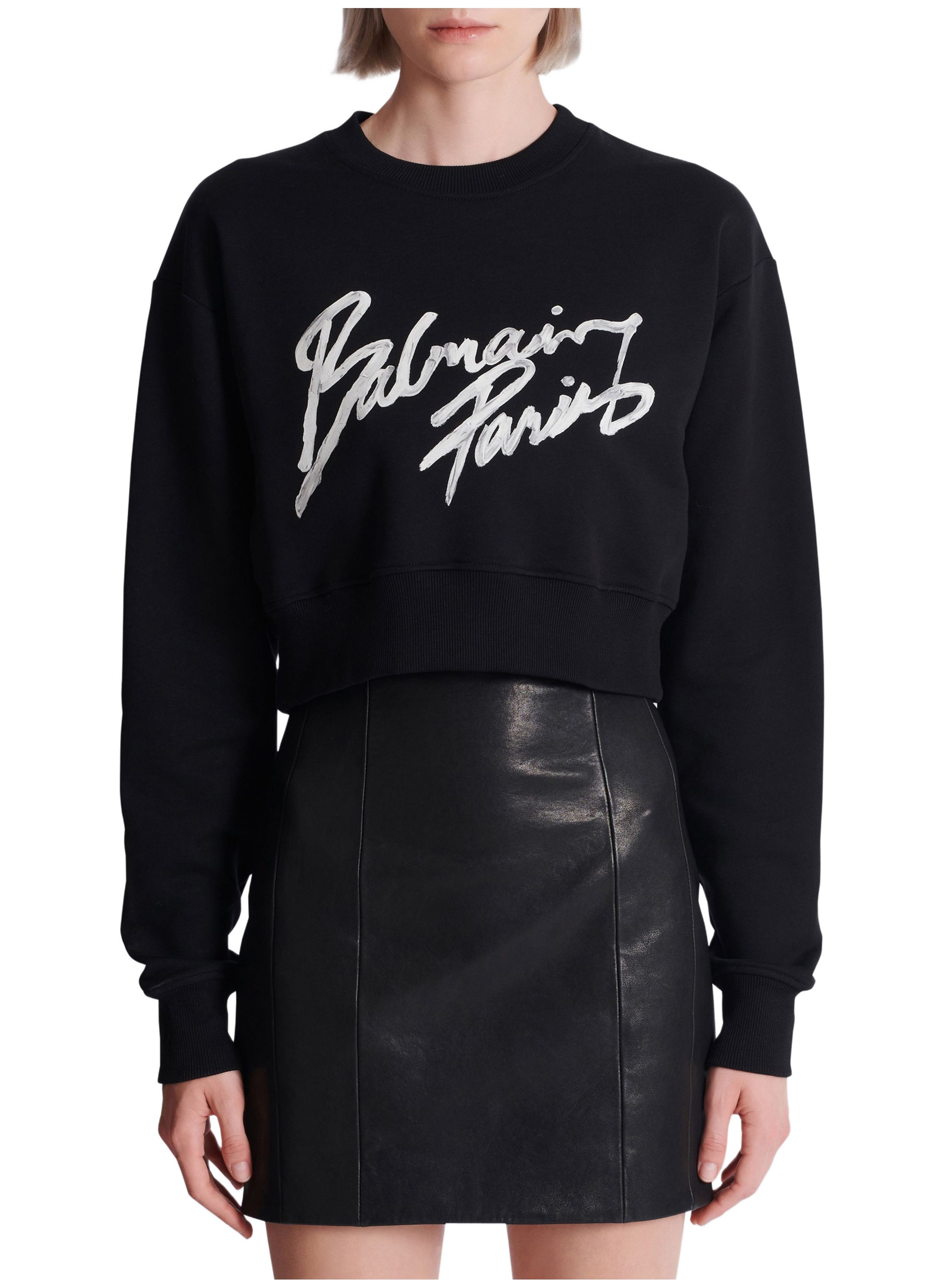 Sweatshirt court en coton à imprimé BALMAIN Noir