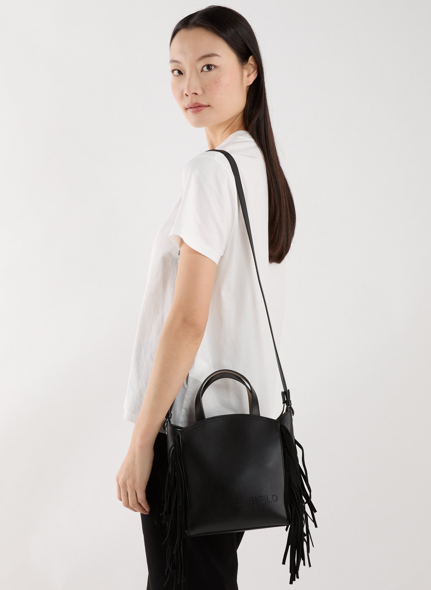 Leather fringe shoulder bag KARL LAGERFELD Black