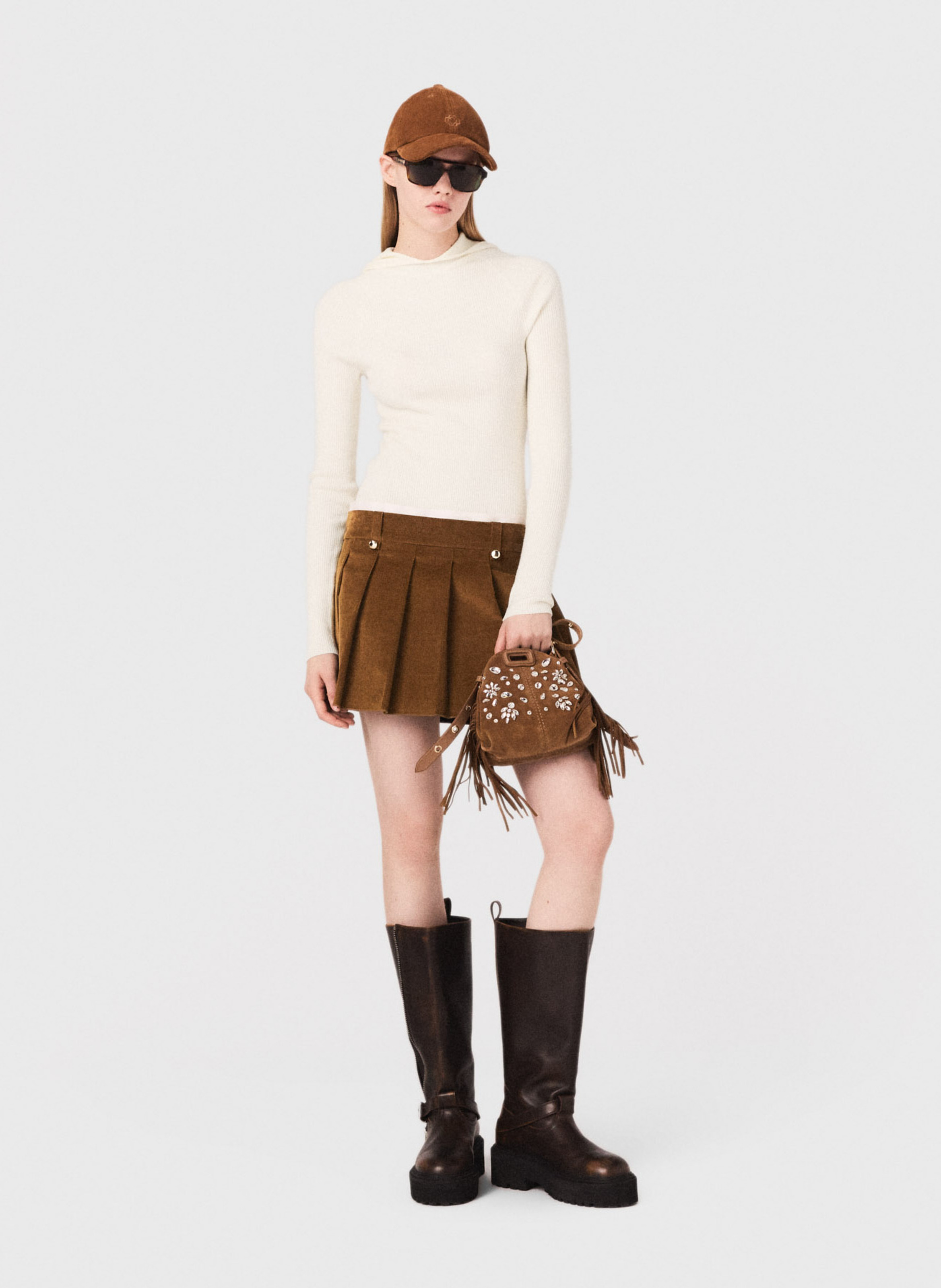 Jupe courte plissée en coton mélangé MAJE Beige