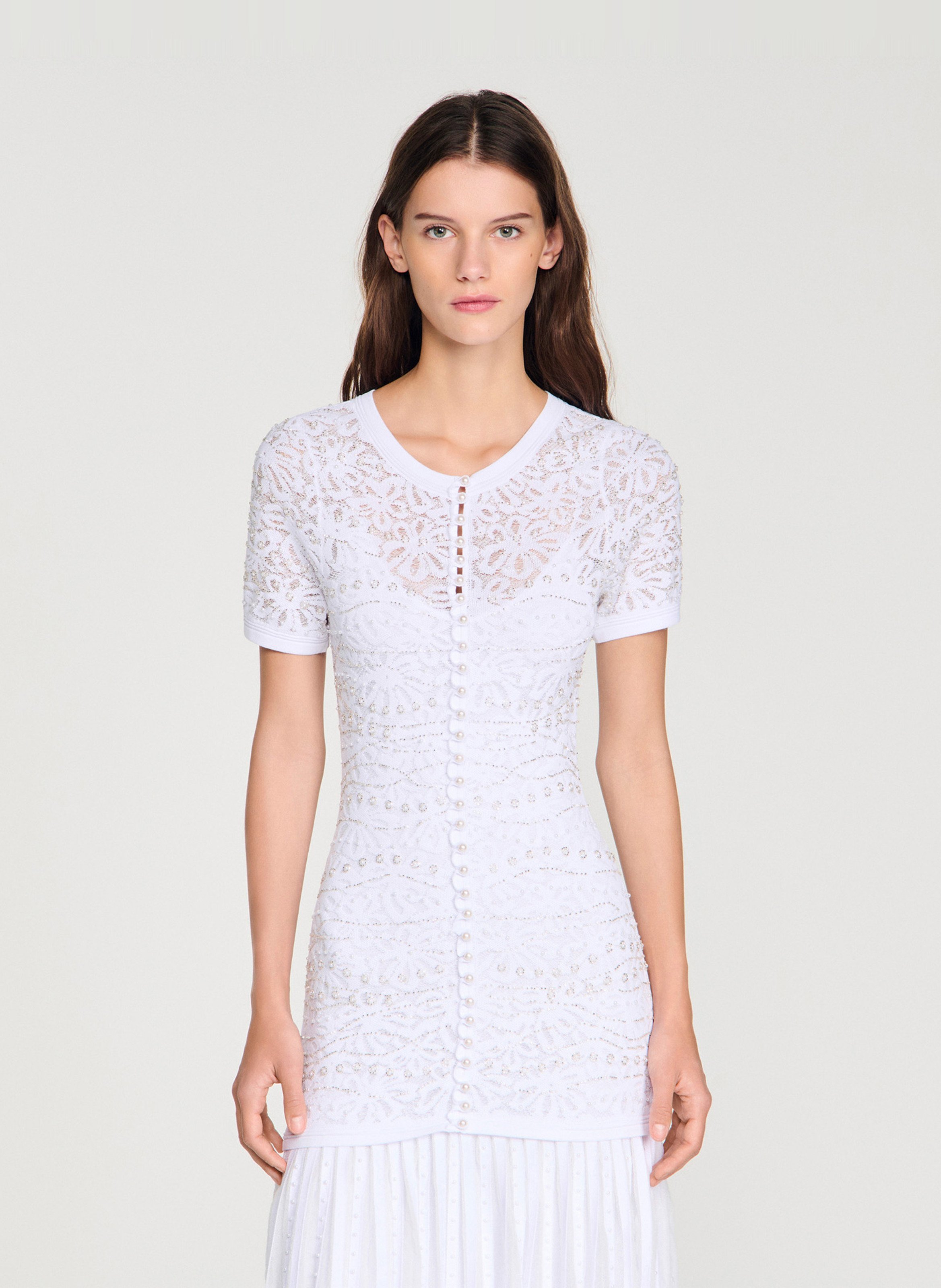 Robe longue col rond en dentelle SANDRO Blanc