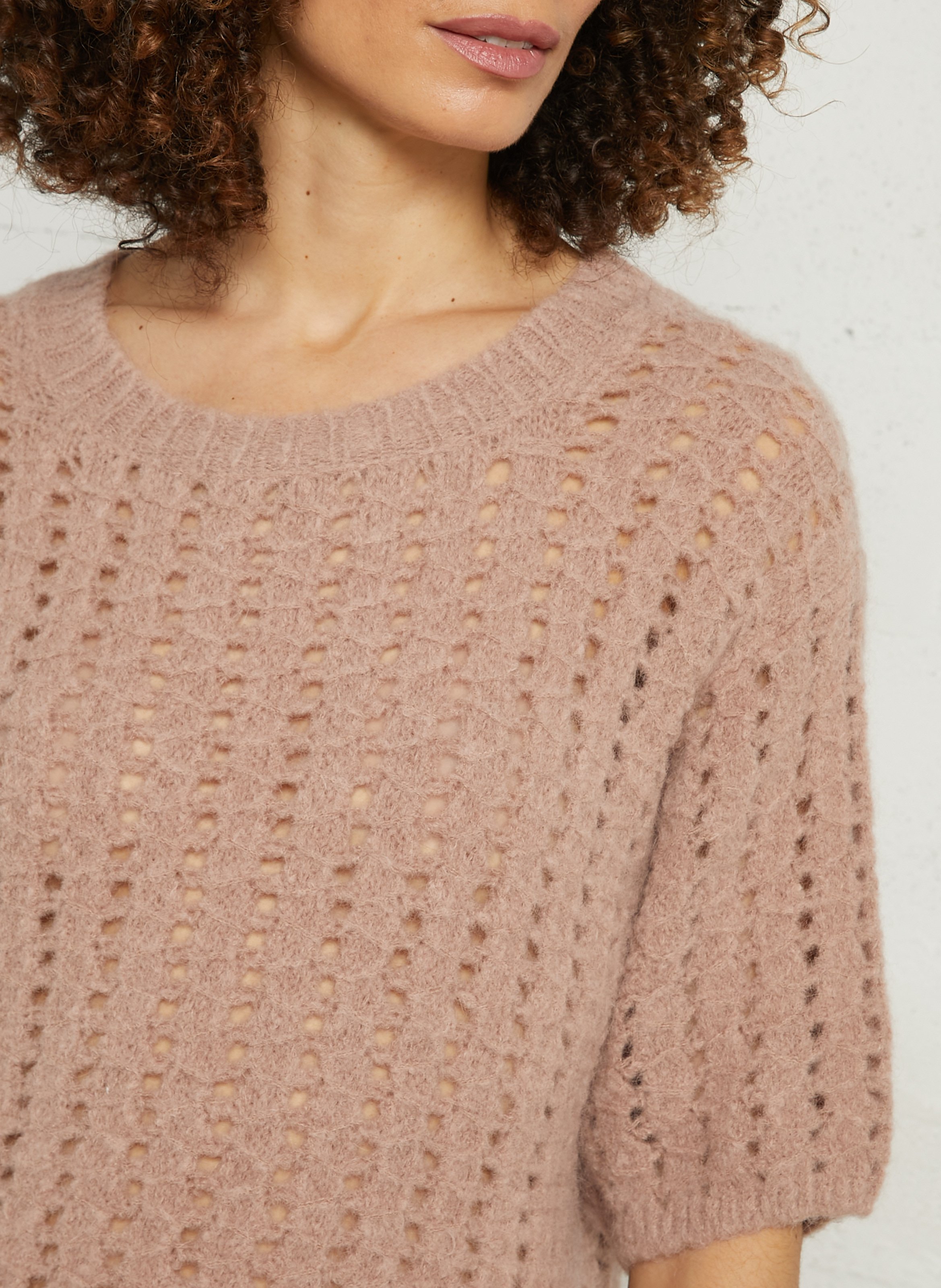 Pull ample col rond ajouré en alpaga mélangé prune MAISON 123 Rose