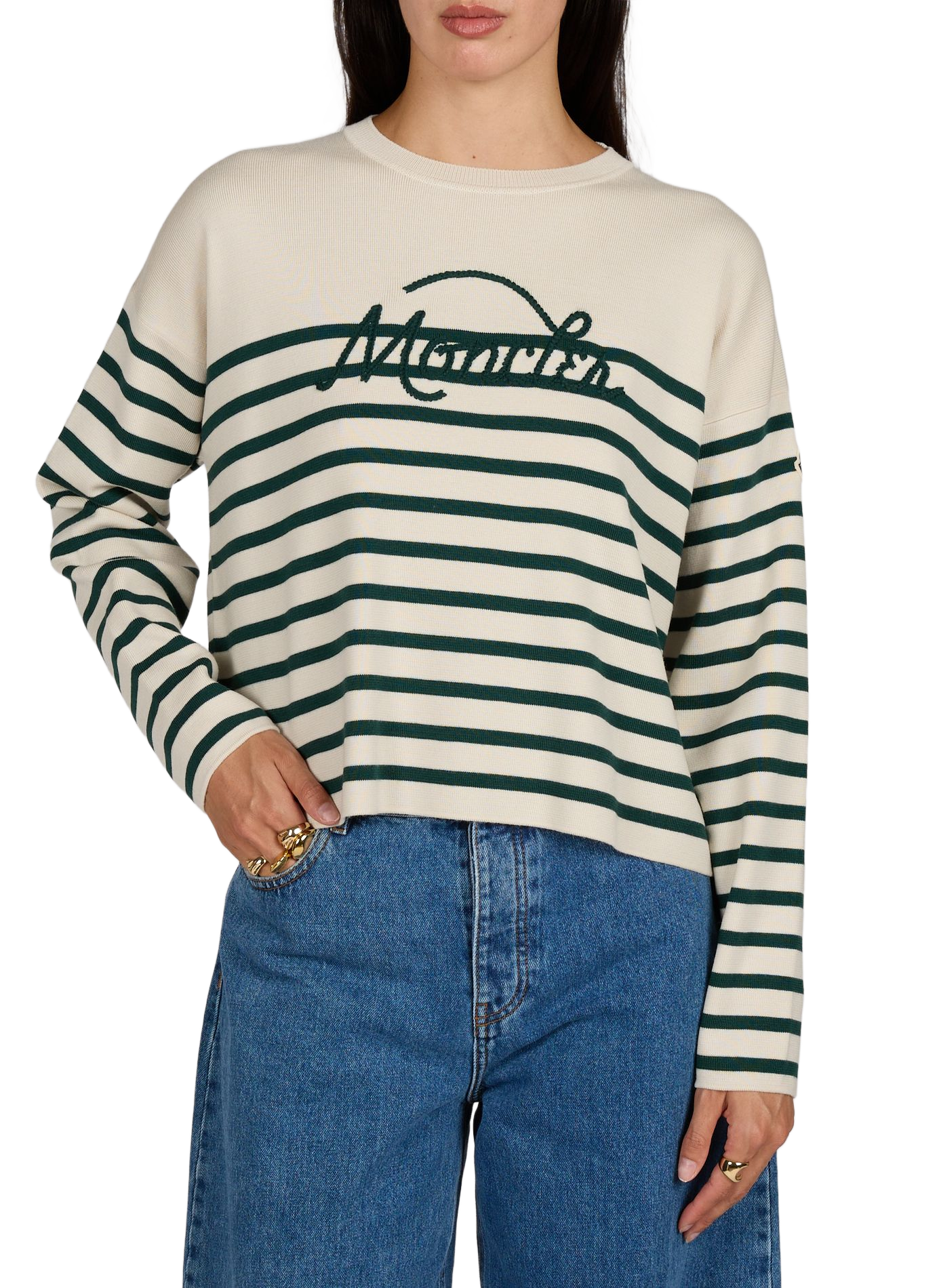 Striped oversized sweater with embroidered logo in wool. MONCLER Yellow