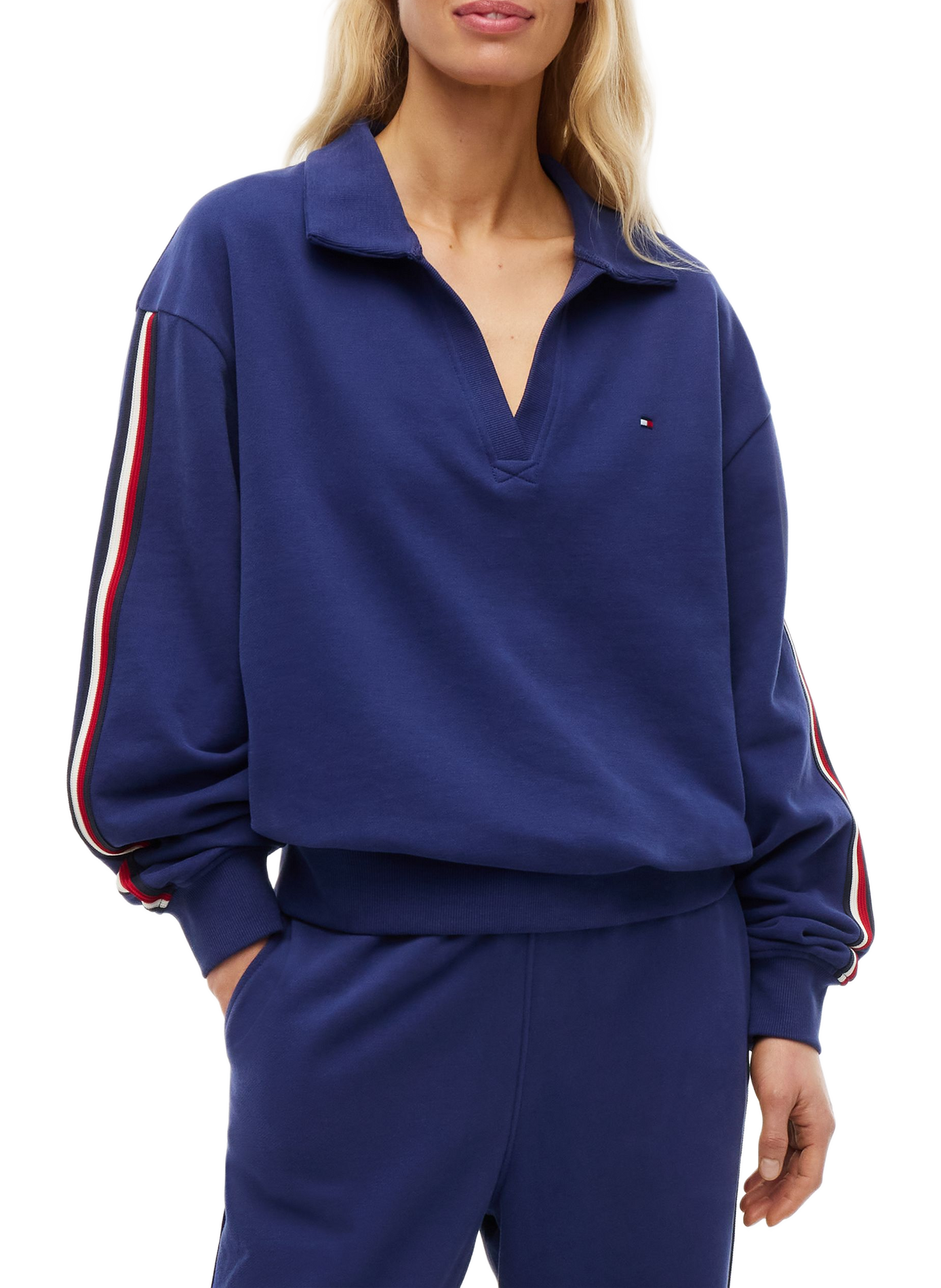 Sweat col ouvert uni en coton TOMMY HILFIGER Blue