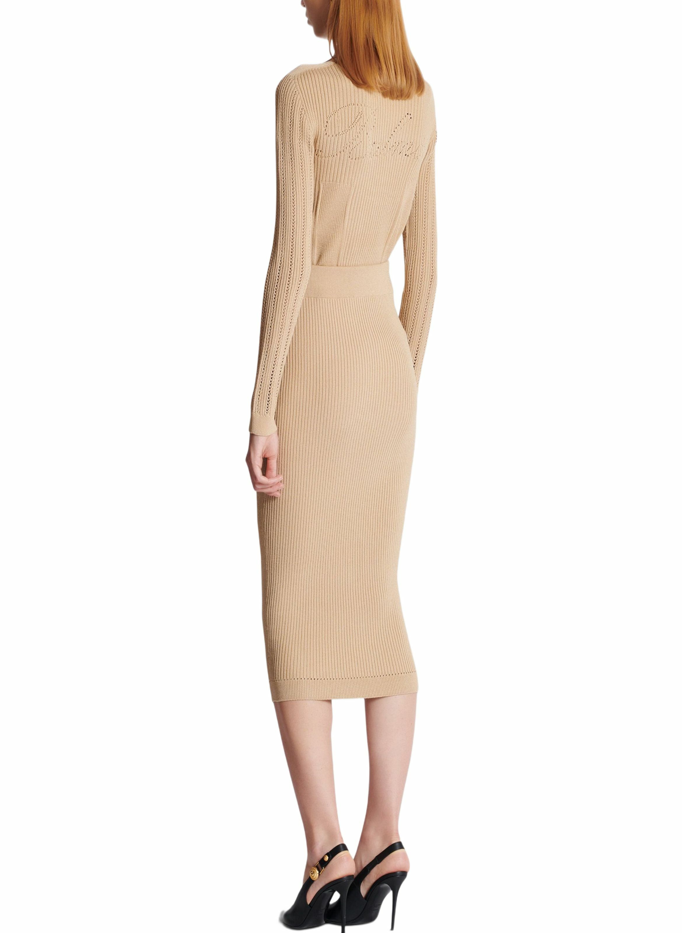 Jupe midi en maille côtelée unie BALMAIN Beige